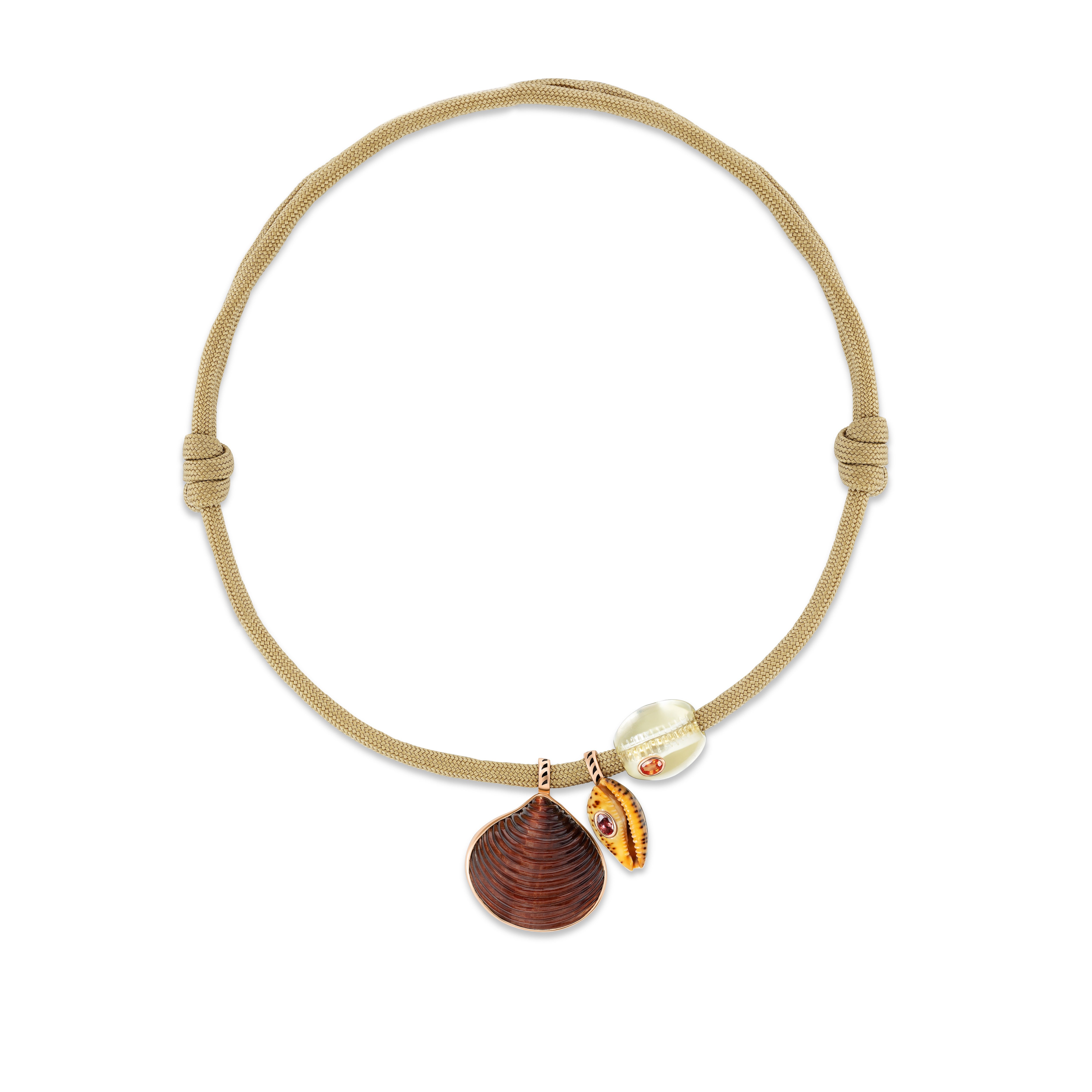 18k rose gold medium red tigers eye Venus shell, petite natural orange spotted cowry shell orange sapphire and petite lemon quartz cowry bead with orange sapphire necklace pendants on taupe paracord adjustable necklace by Dezso Tiny Gods