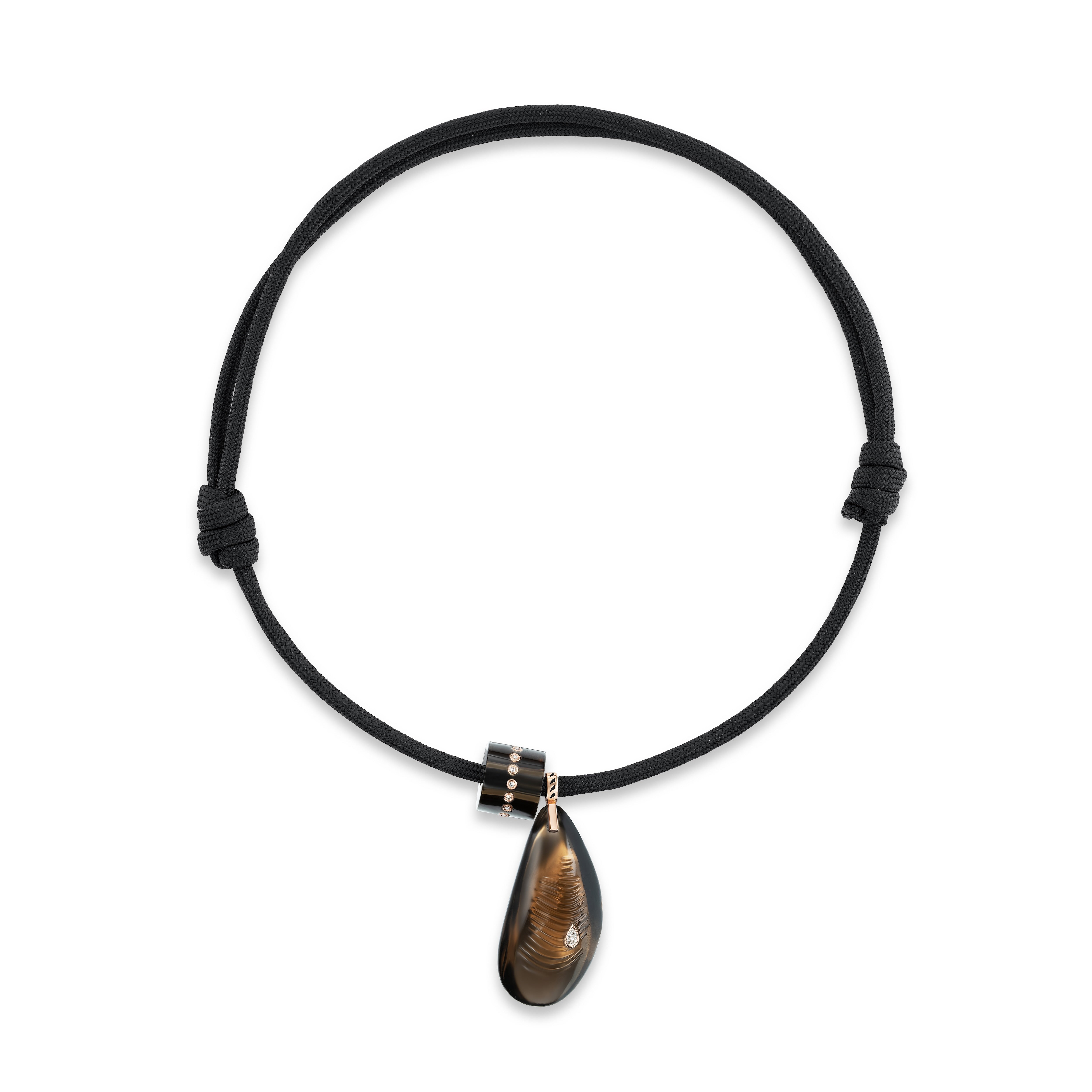18k rose gold, shell and bumper bead with diamonds charm shell pendants on black paracord by Sara Beltran of Dezso at Tiny Gods