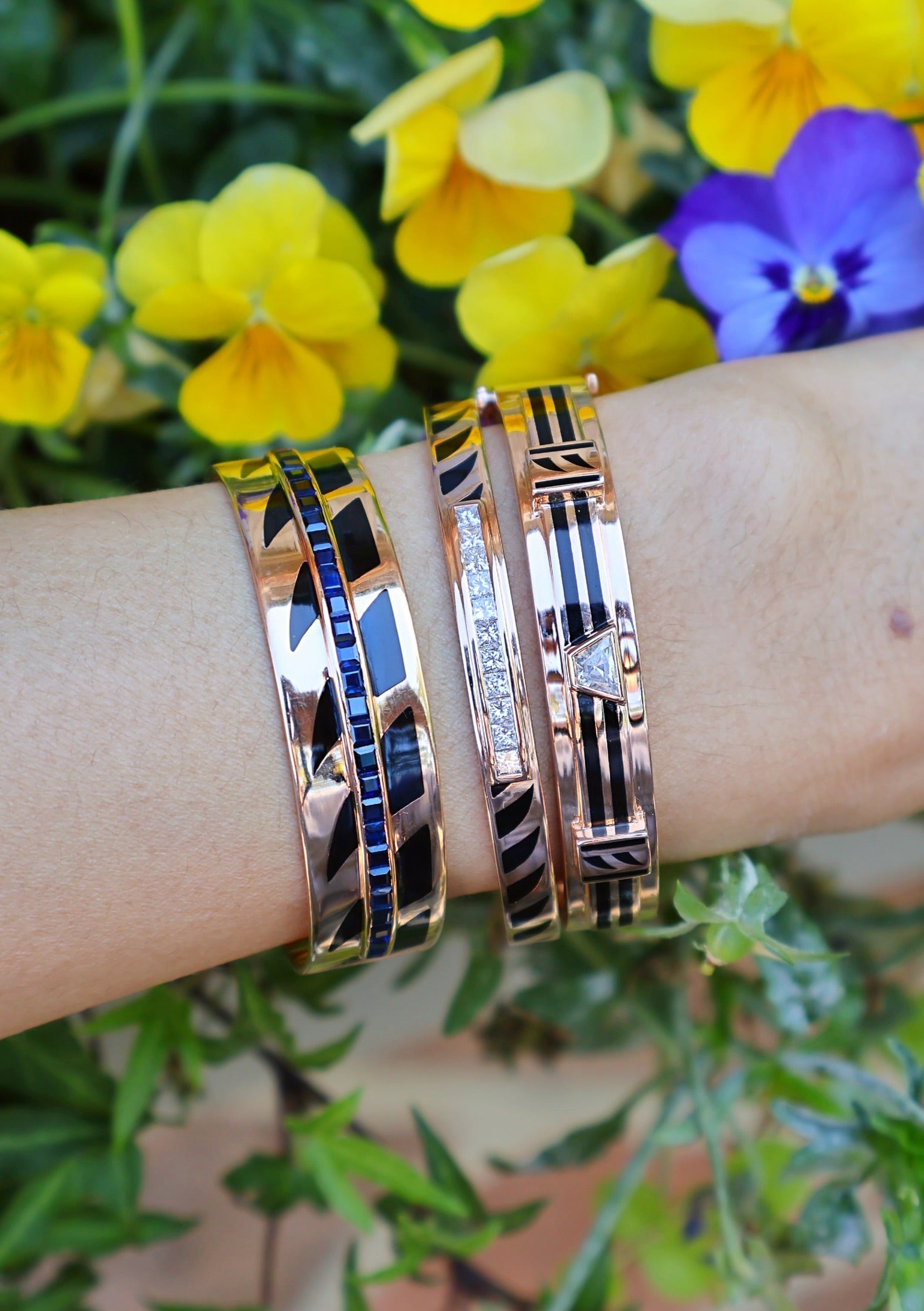 18k rose gold bracelet with black enamel shark fin detail and stripes with trapezoid diamond bezel accent by Dezso Tiny Gods