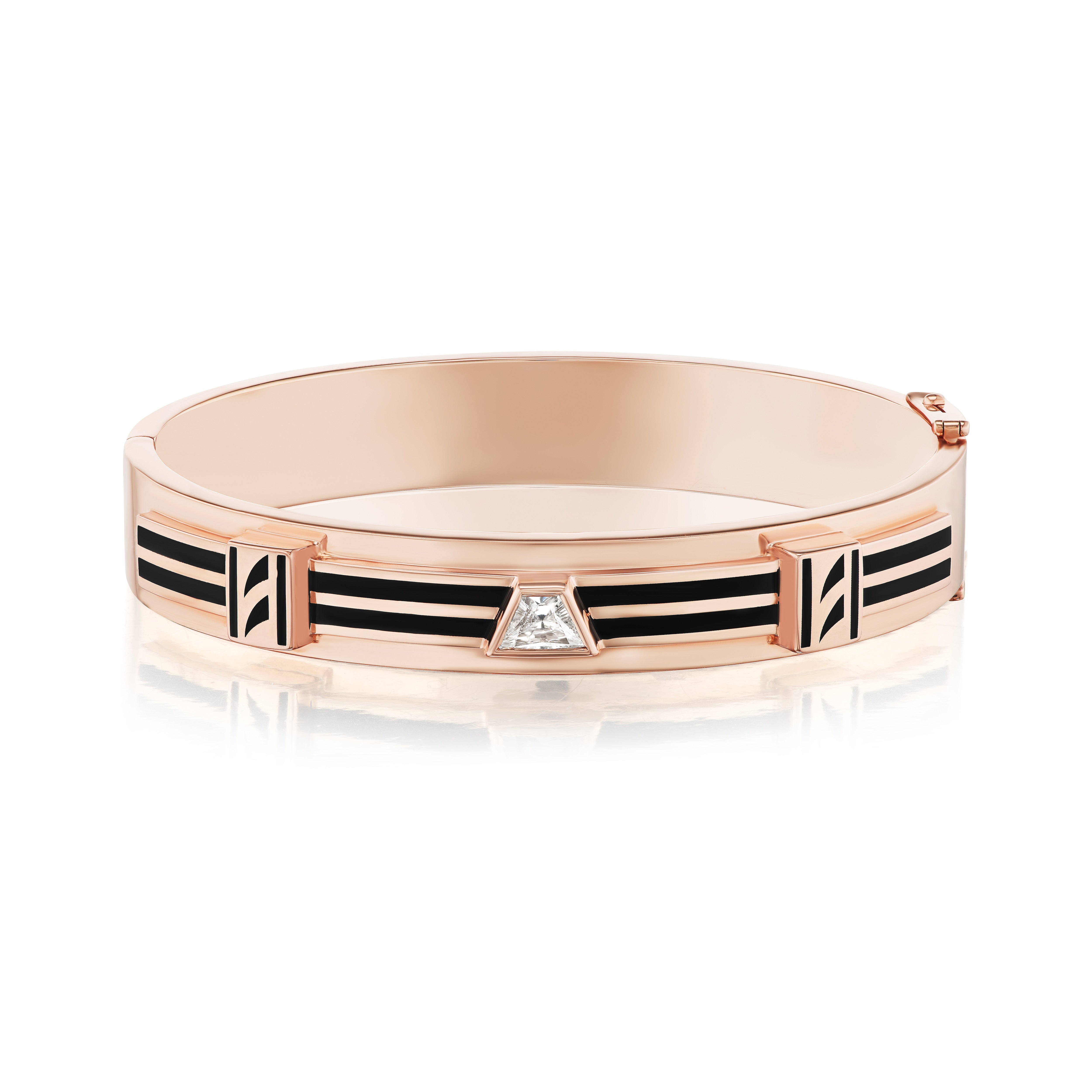 18k rose gold bracelet with black enamel shark fin detail and stripes with trapezoid diamond bezel accent by Dezso Tiny Gods