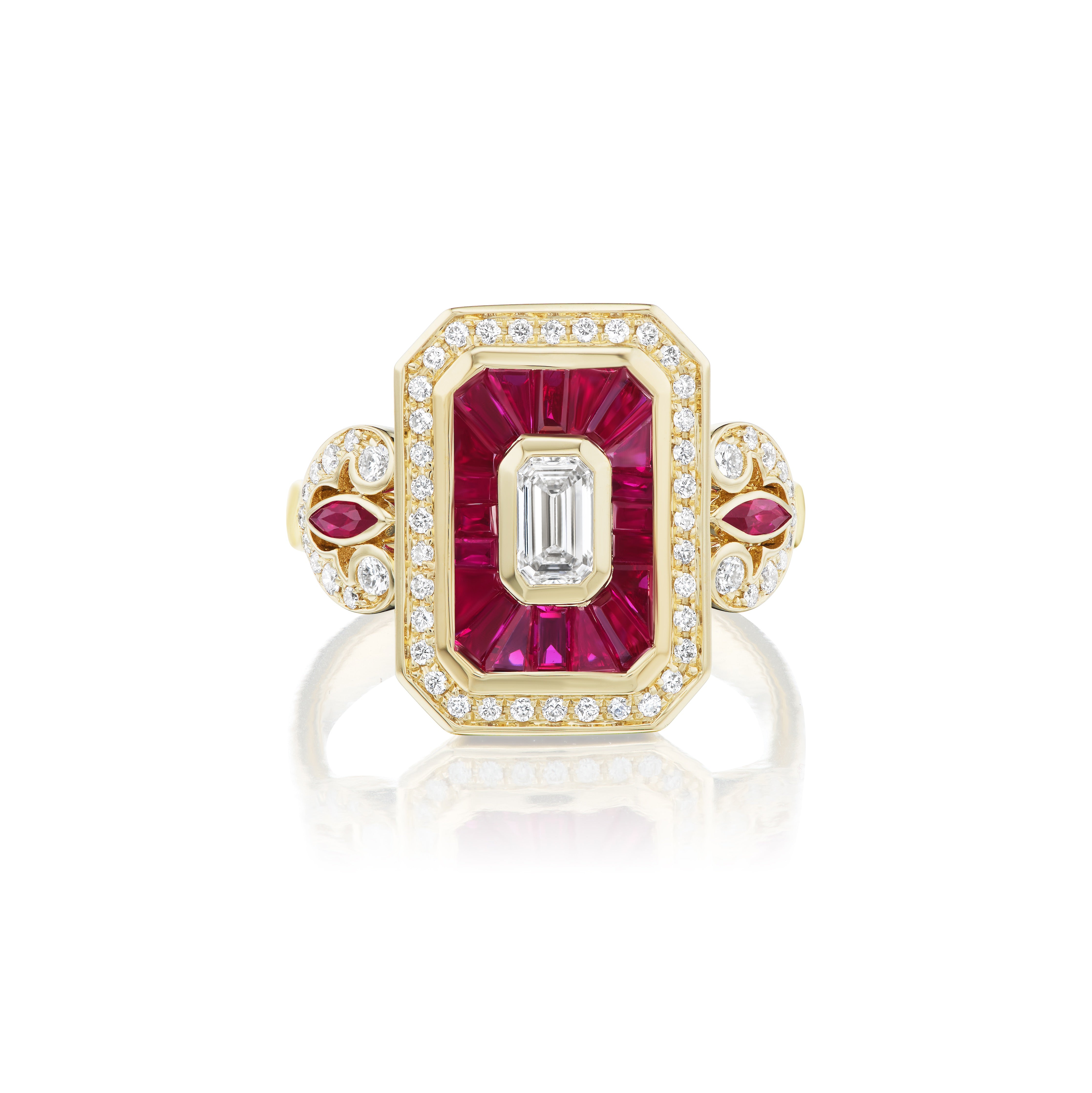 Yellow gold diamond and ruby Royale ring by Rainbow K Tiny Gods