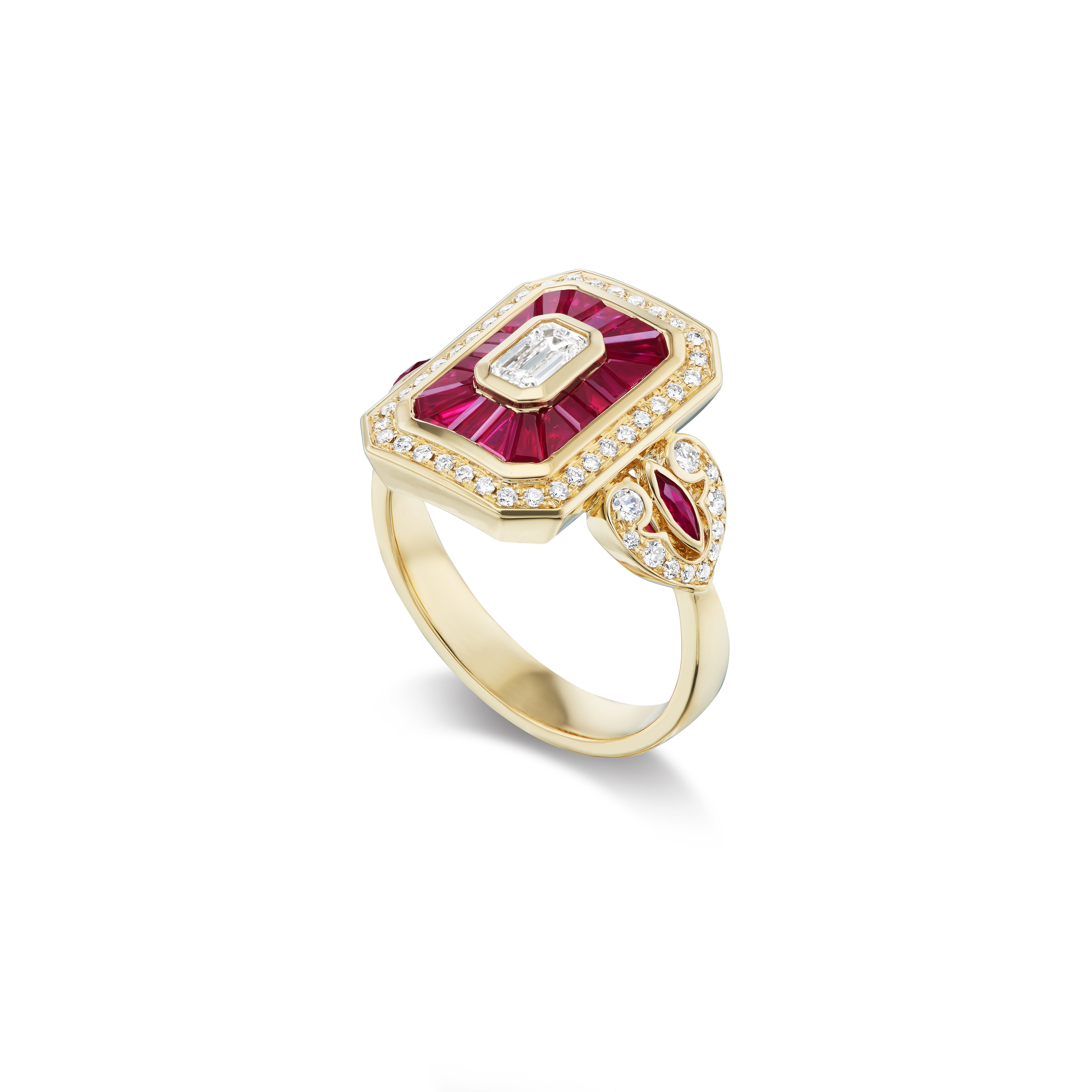 Yellow gold diamond and ruby Royale ring by Rainbow K Tiny Gods