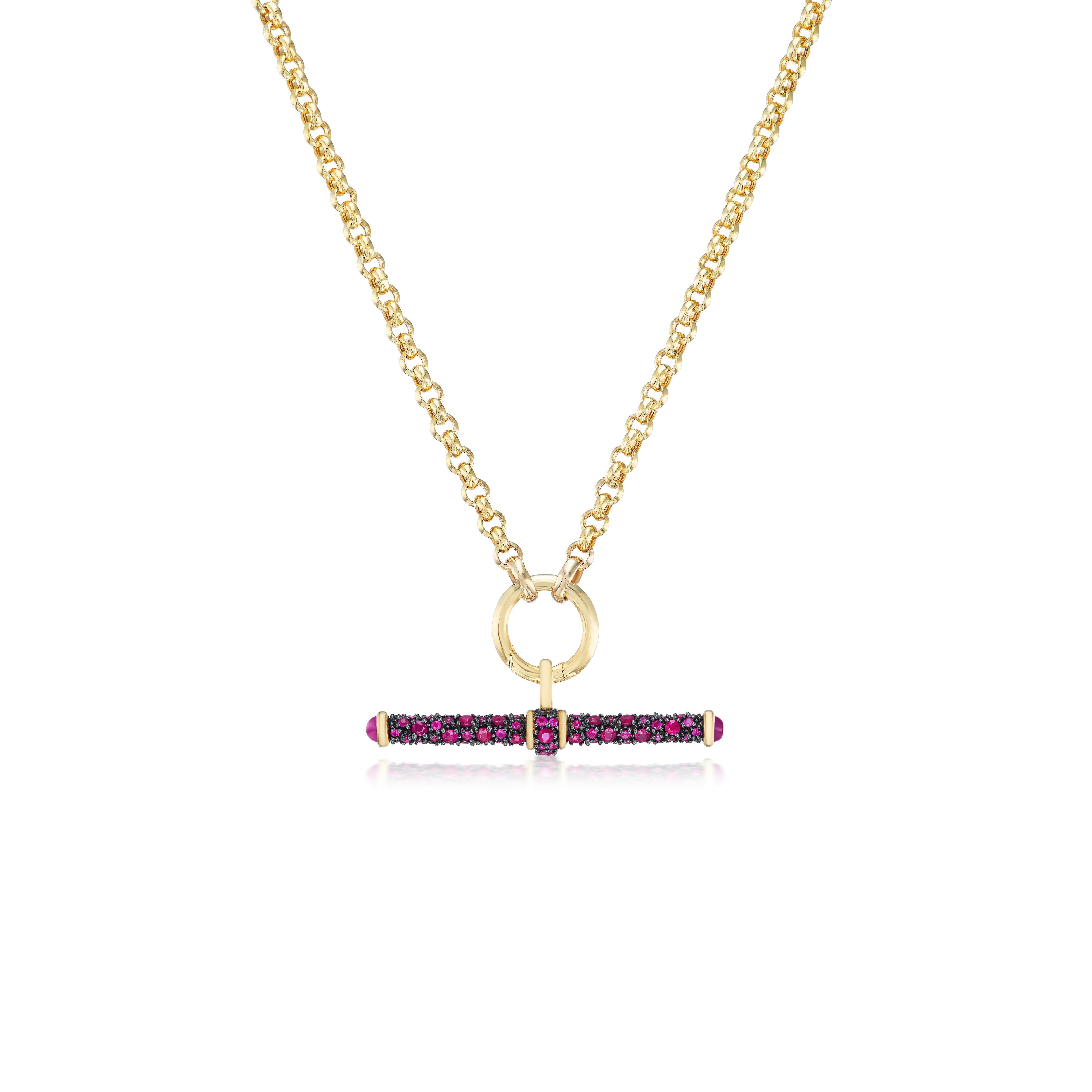 14k yellow gold ruby and black rhodium t bar pendant by Lucy Delius Tiny Gods
