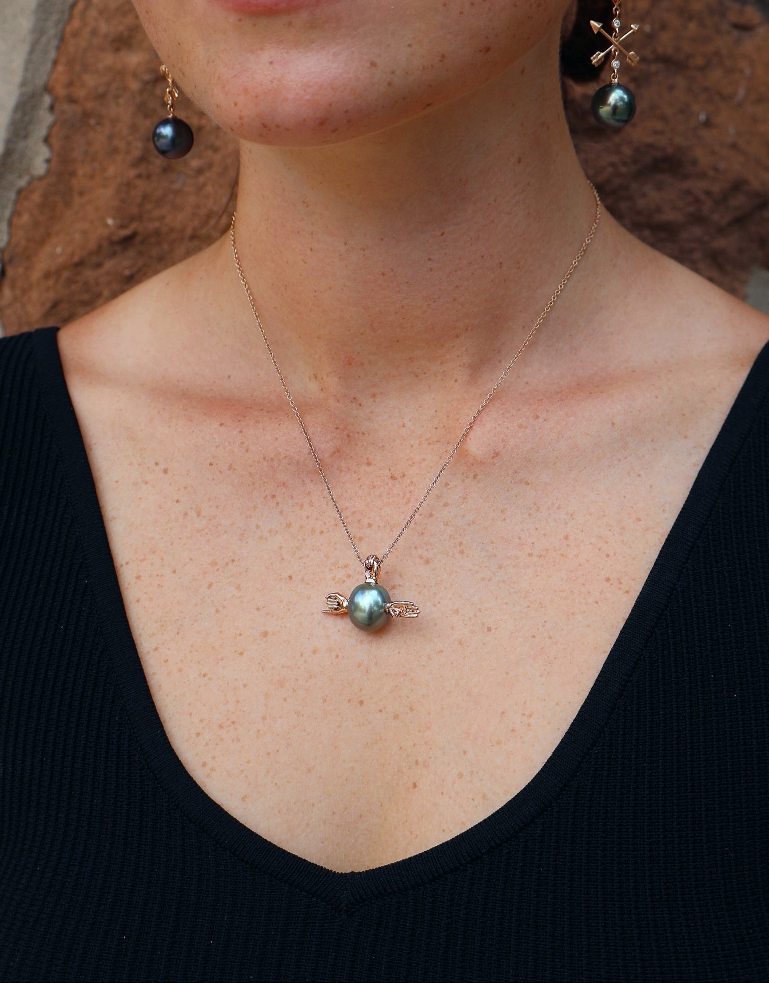 18k rose gold say it with signs sign language grey pearl hand pendant necklace by Bibi van der verden Tiny Gods