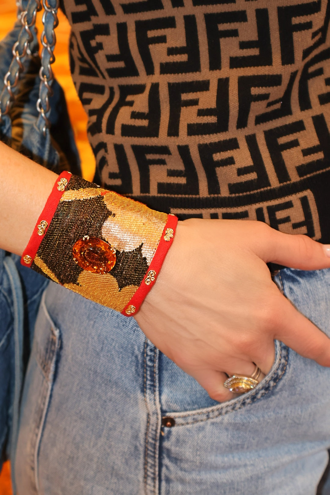 Woven Peacock Feather Cuff with Citrine