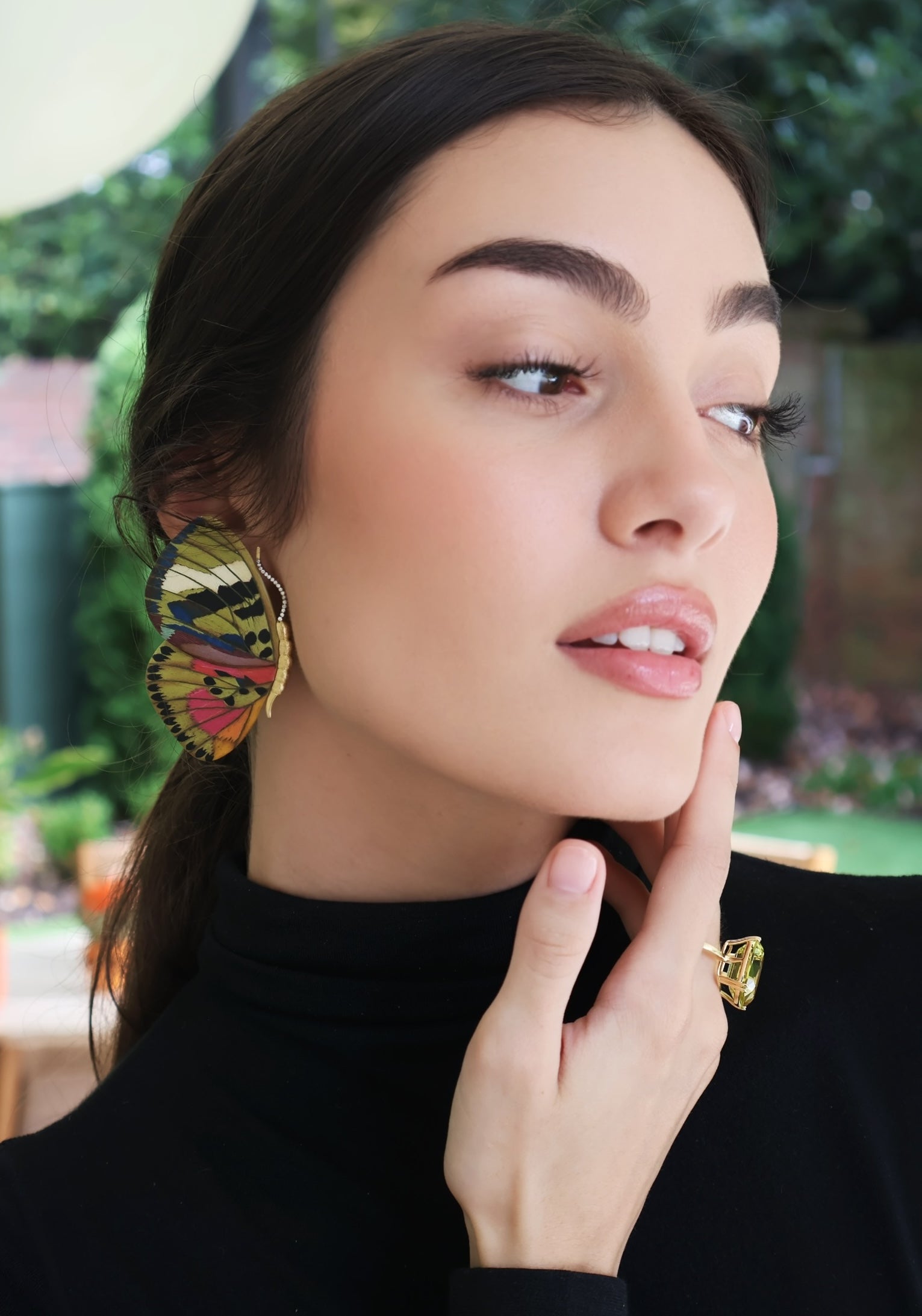 18k yellow gold green and pink mixed color butterfly wing large earrings marquetry by Silvia Furmanovich Tiny Gods on model