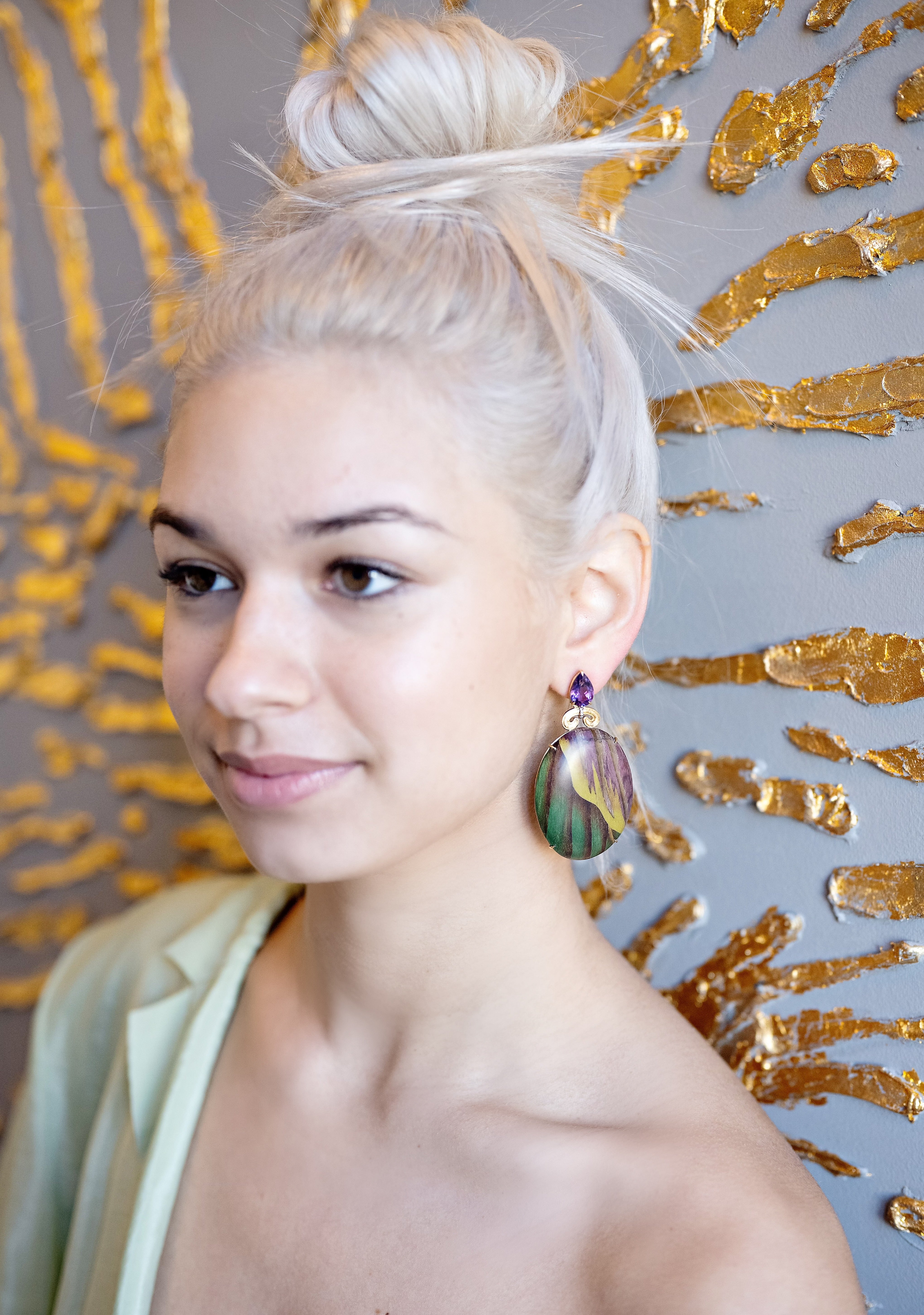 Purple Leaf Marquetry Earrings with Amethyst by Silvia Furmanovich