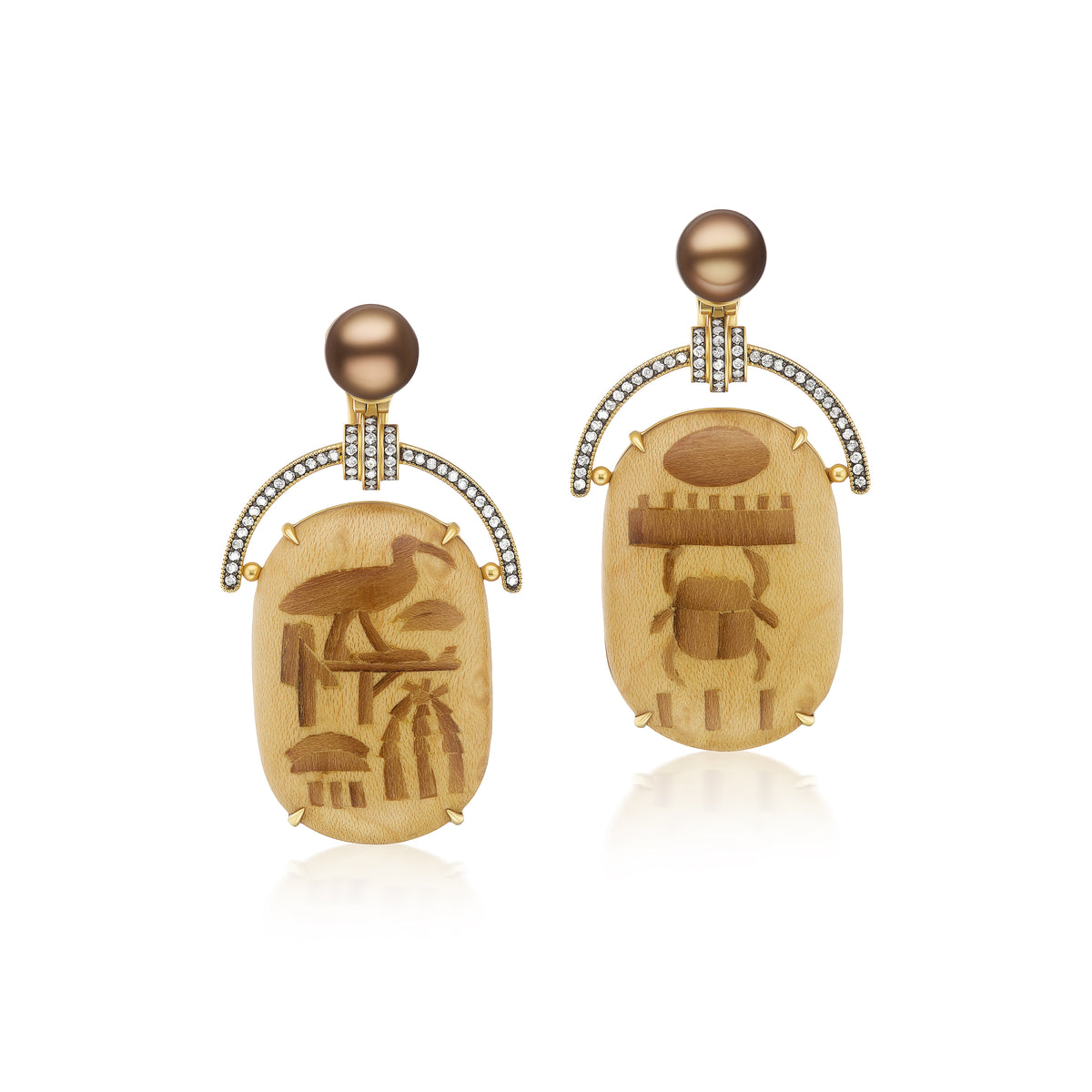 18k yellow gold diamond Egyptian Marquetry Earrings with Pearls by Silvia Furmanovich marquetry