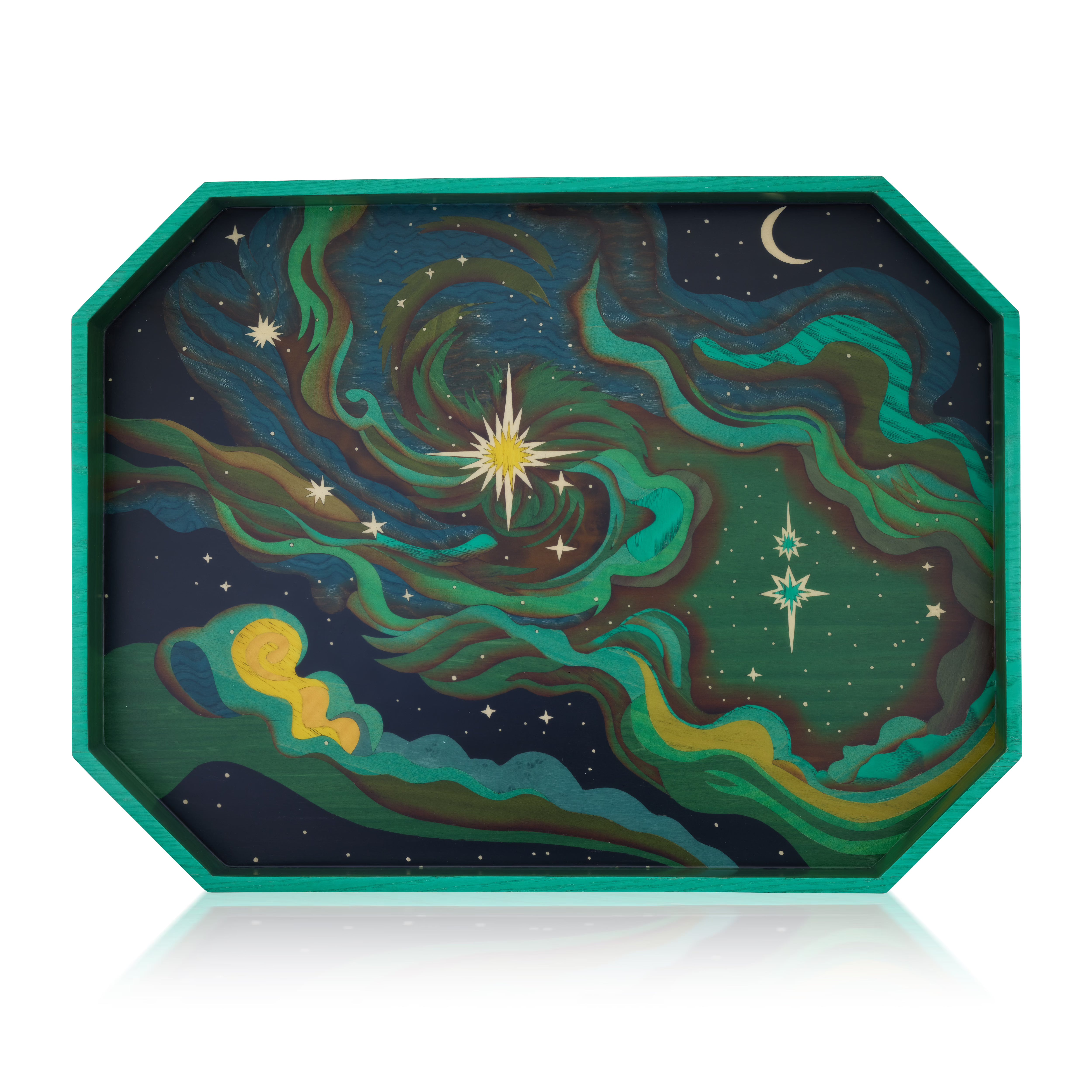 Silvia furmanovich and Wicked collaboration marquetry green Elphaba sky print tray Tiny Gods