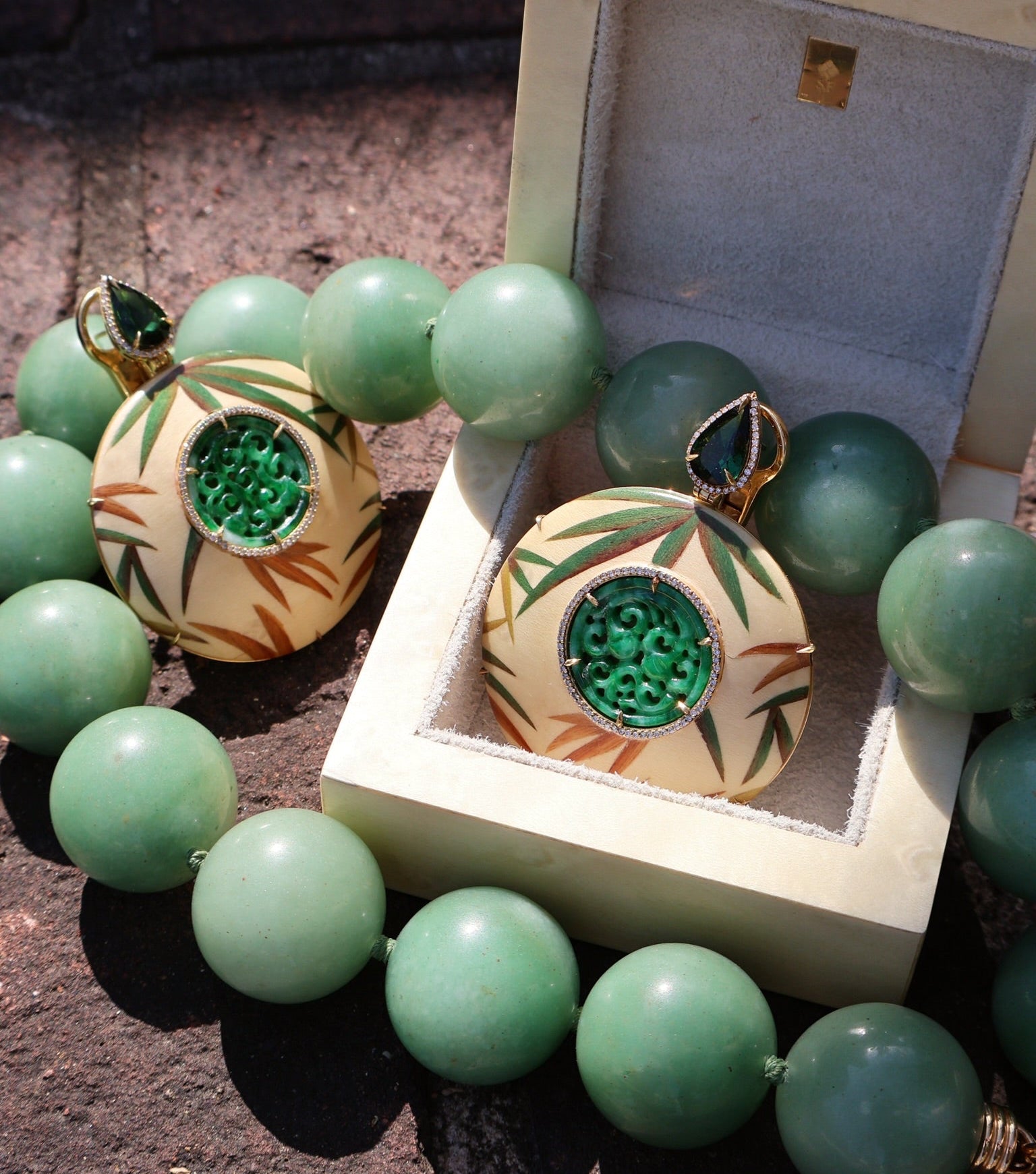 18k yellow gold round palm fronds wood marquetry statement earrings with carved green jade, greet tourmaline and diamonds by Silvia Furmanovich Tiny Gods