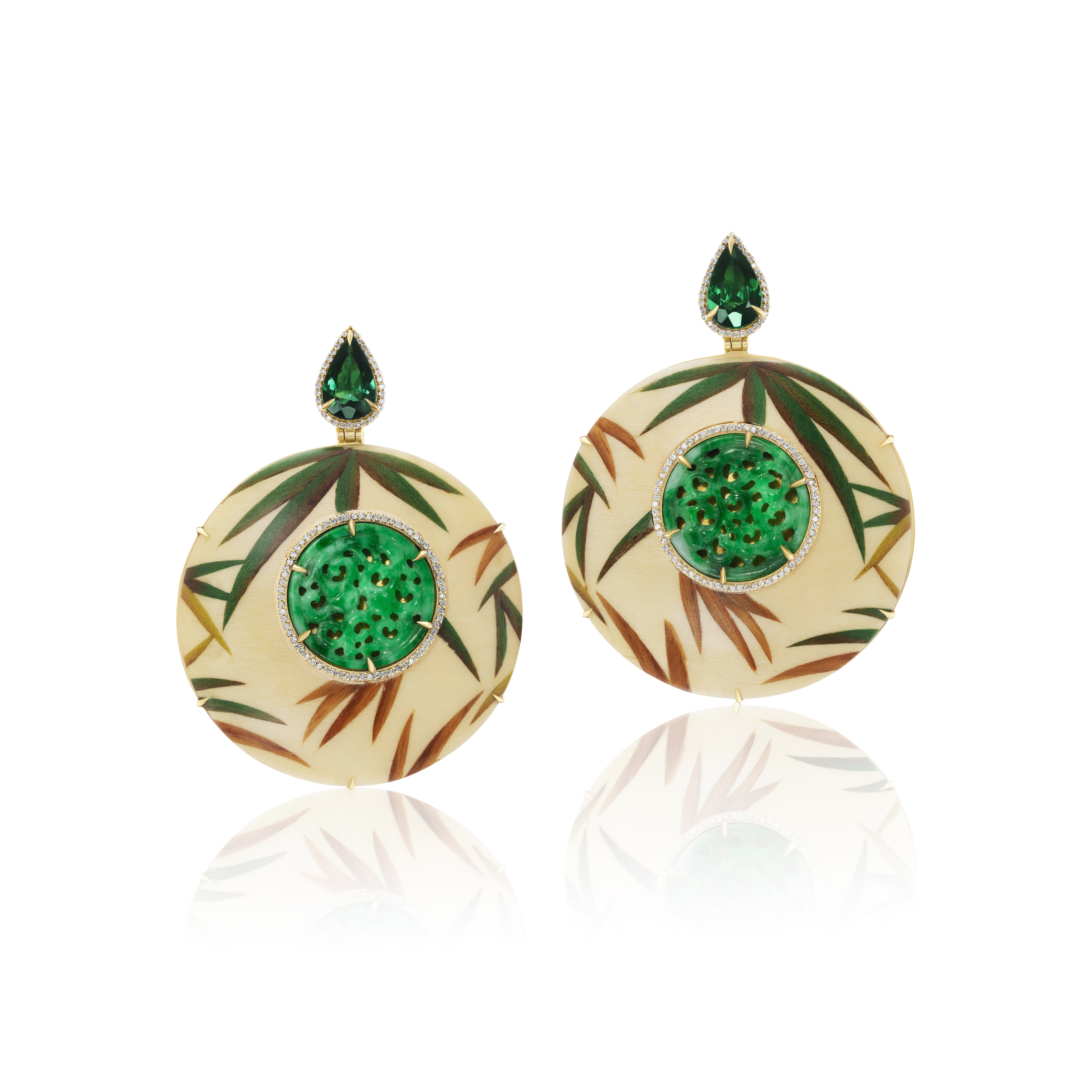 18k yellow gold round palm fronds wood marquetry statement earrings with carved green jade, greet tourmaline and diamonds by Silvia Furmanovich Tiny Gods