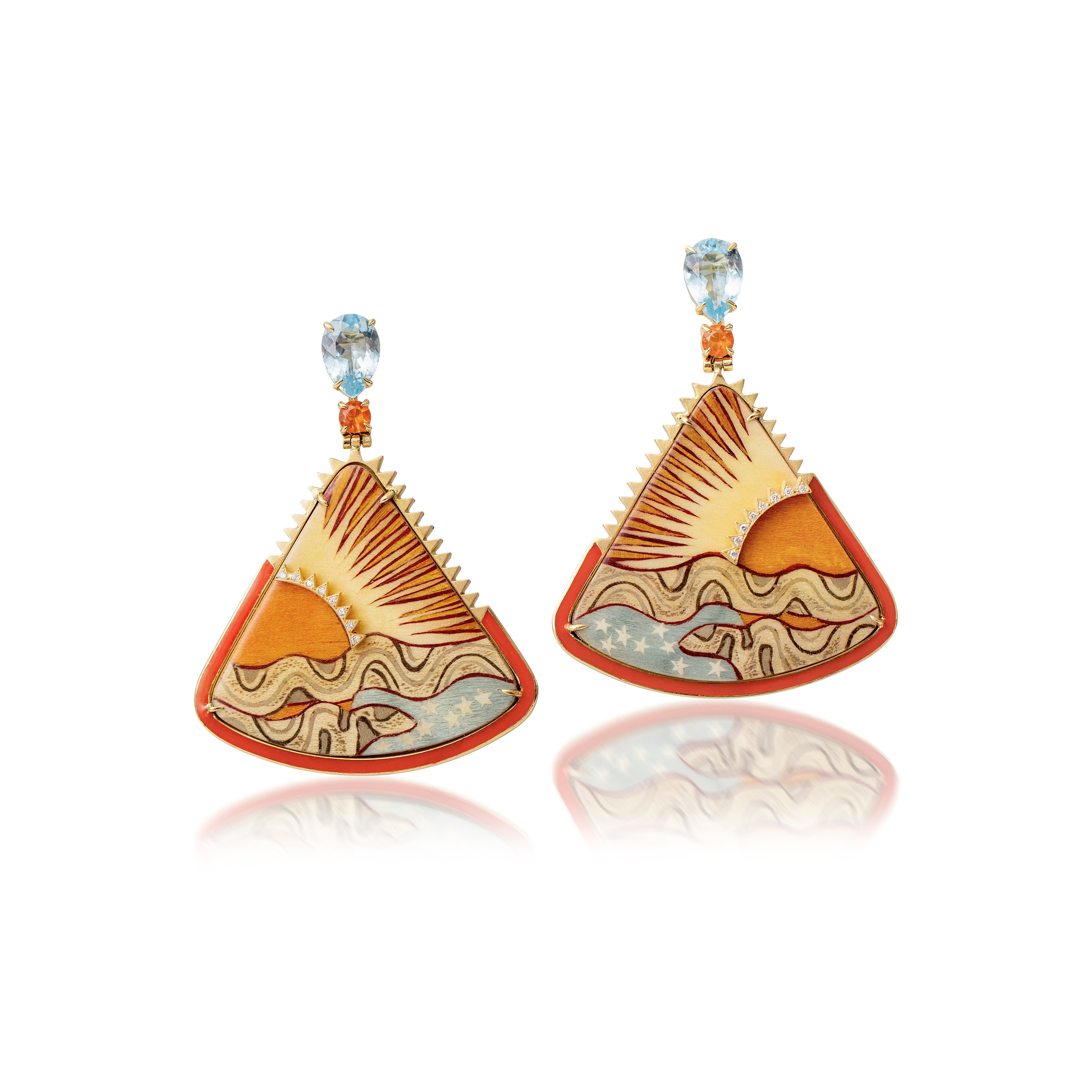 18k yellow gold Triangle shaped marquetry earrings by Silvia Furmanovich Sunset Print enamel, diamond, blue topaz and fire opal