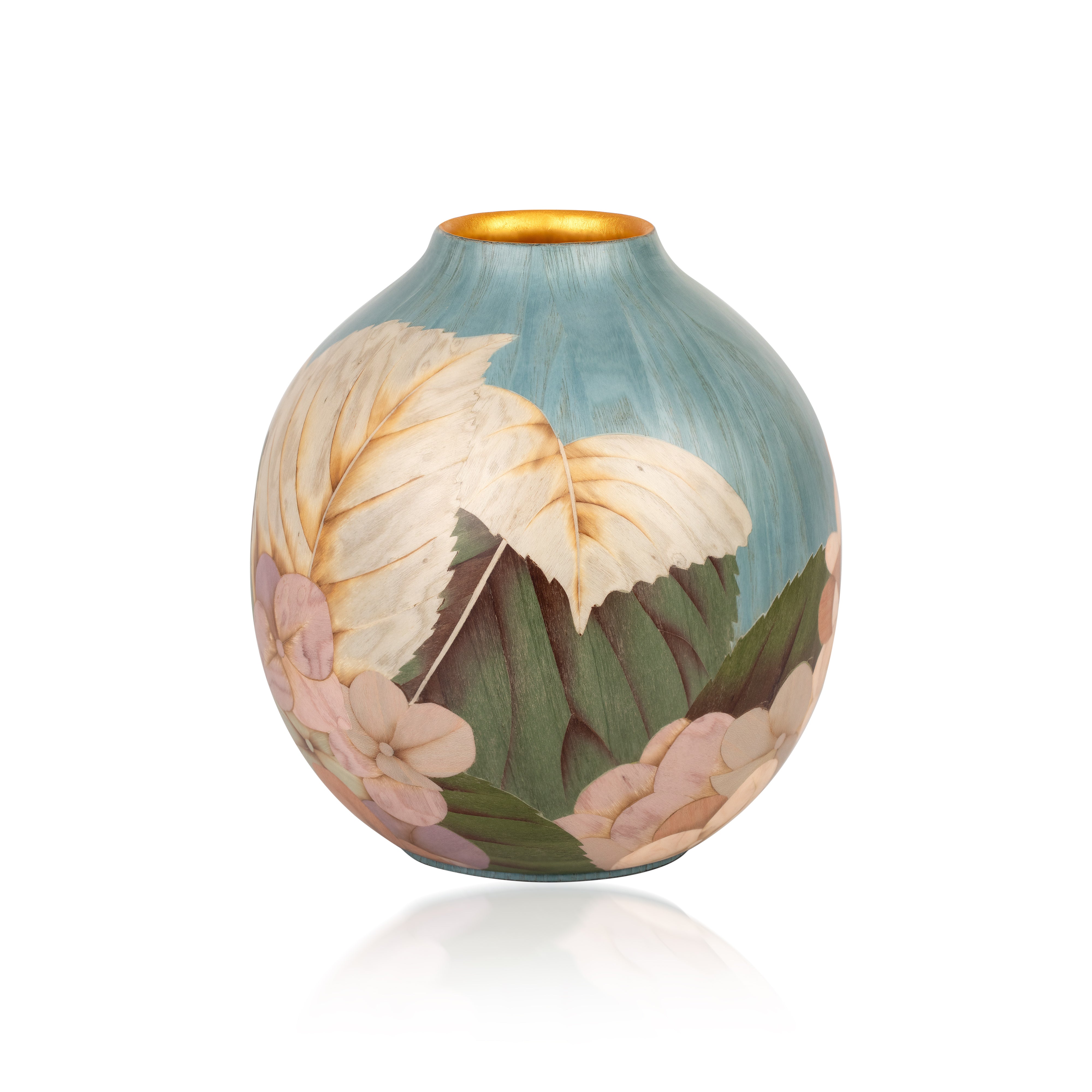 Silvia Furmanovich wood marquetry floral flower vase with pastel hydrangea pattern Tiny Gods