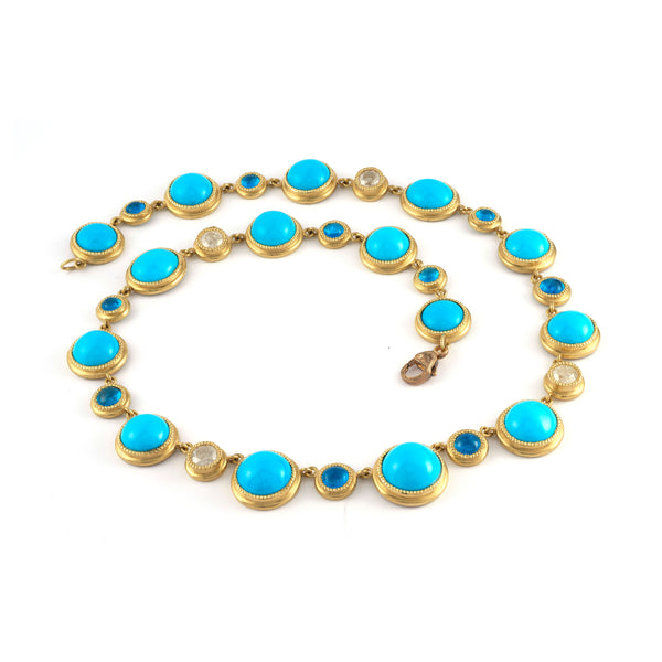 18k yellow gold sleeping beauty turquoise necklace with diamonds and apatite by Sylva & Cie Tiny Gods