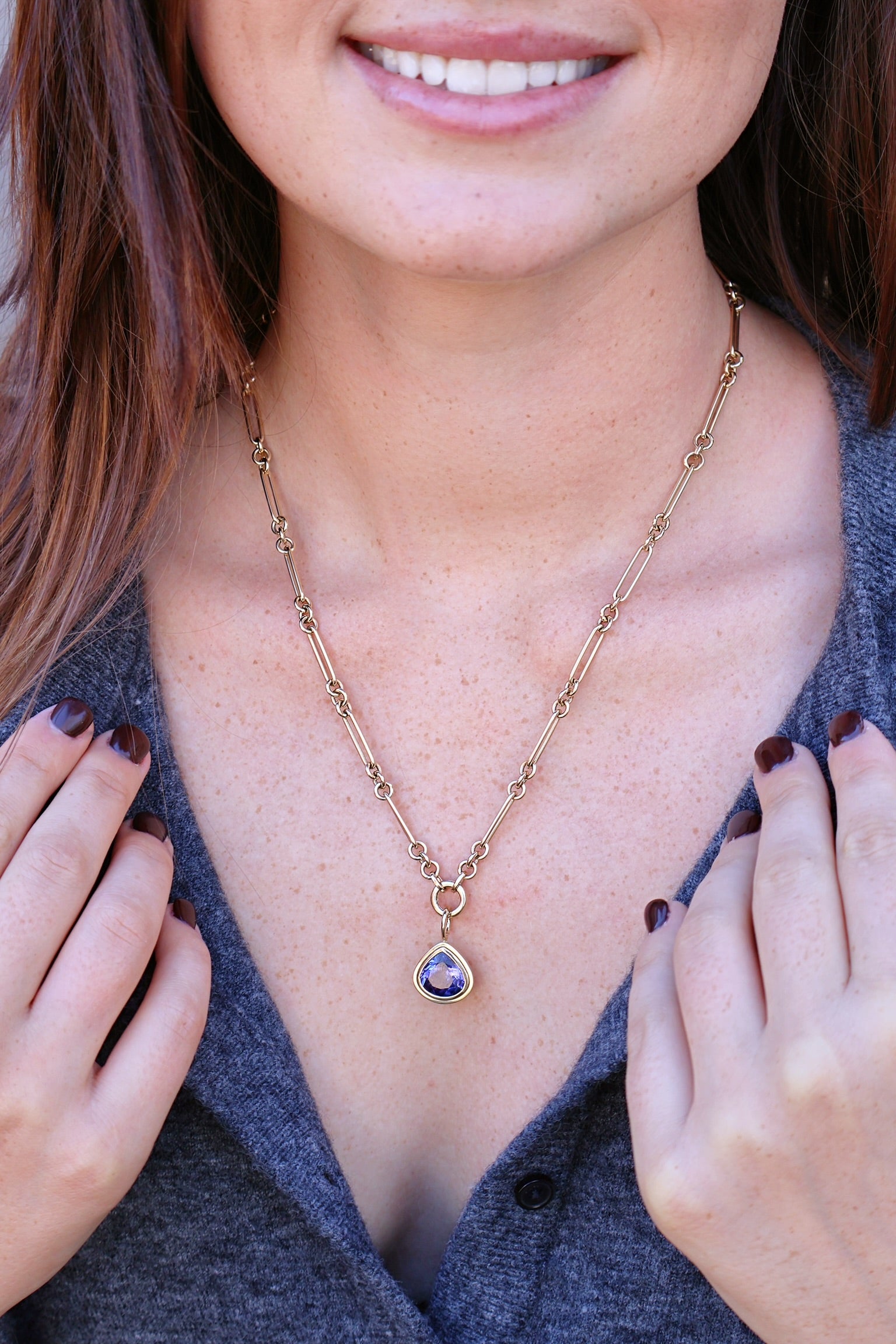 14k yellow gold small solid trombone Albert chain charm necklace by Tiny Gods