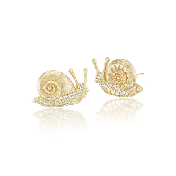 18k yellow gold diamond snail stud earrings by Harwell Godfrey Tiny Gods Brent Neale jewelry