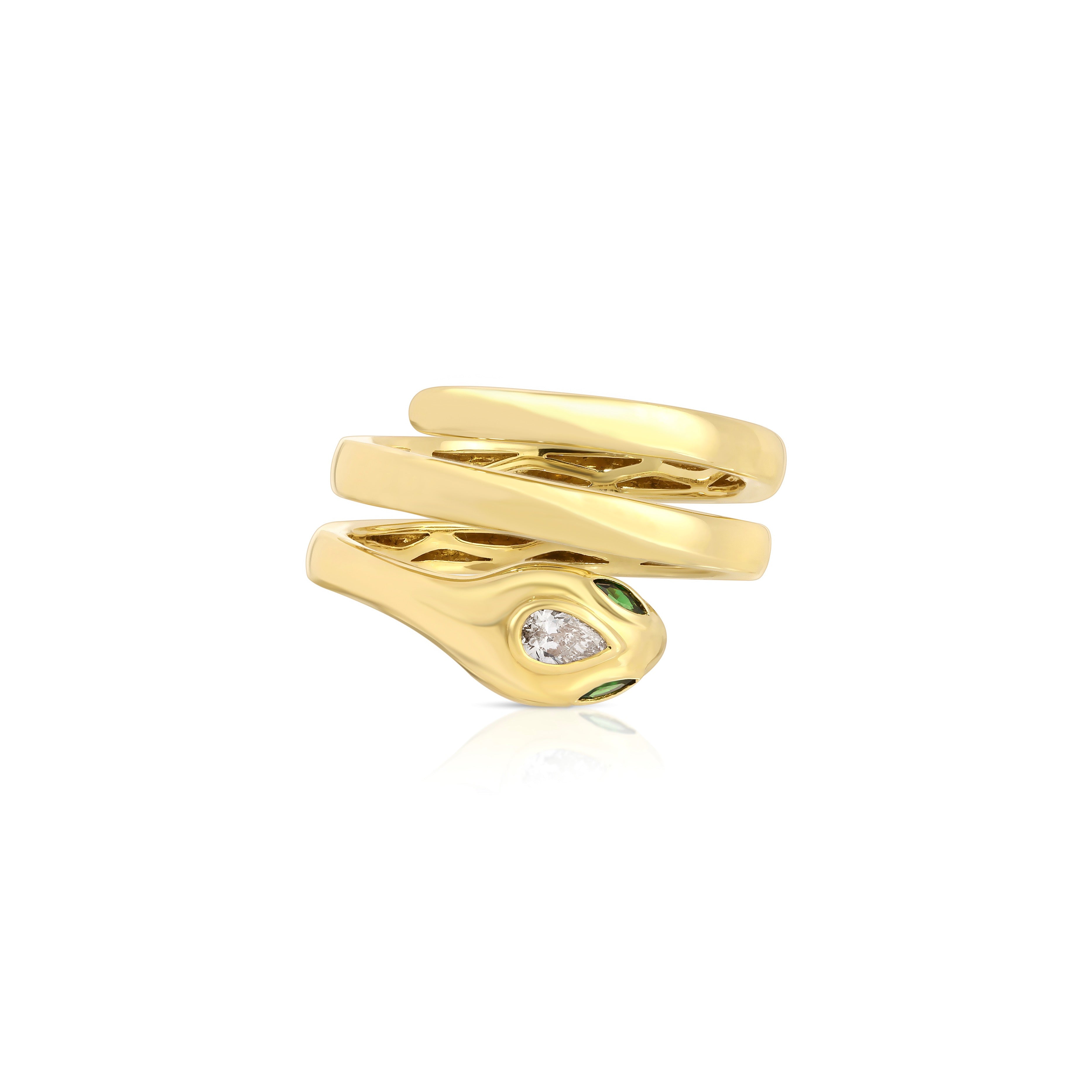 18k yellow gold snake coil pinky ring with diamond and emerald eyes by Anita ko Tiny Gods