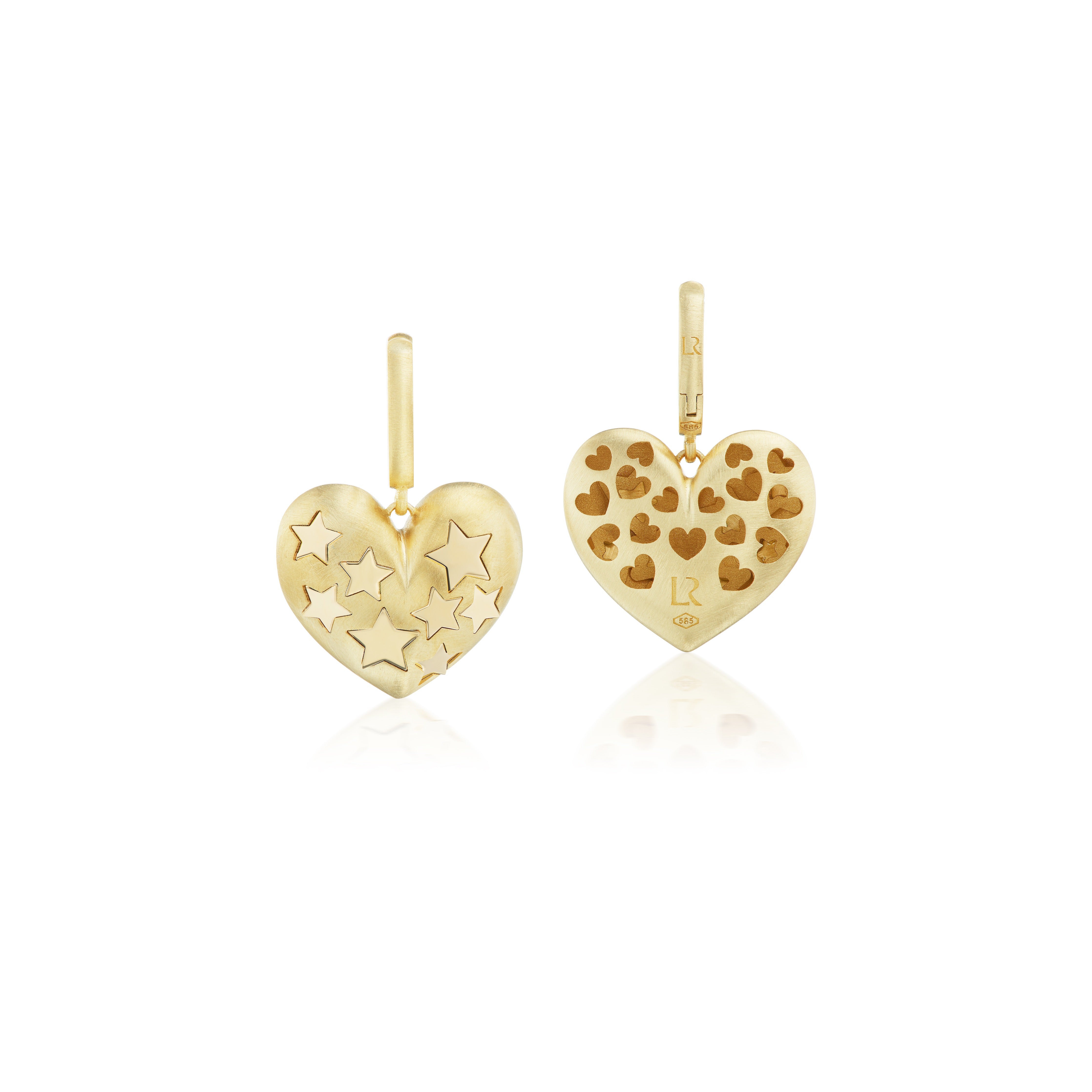 14k yellow gold paulette puff heart earrings with stars by Lauren Rubinski Tiny Gods on model