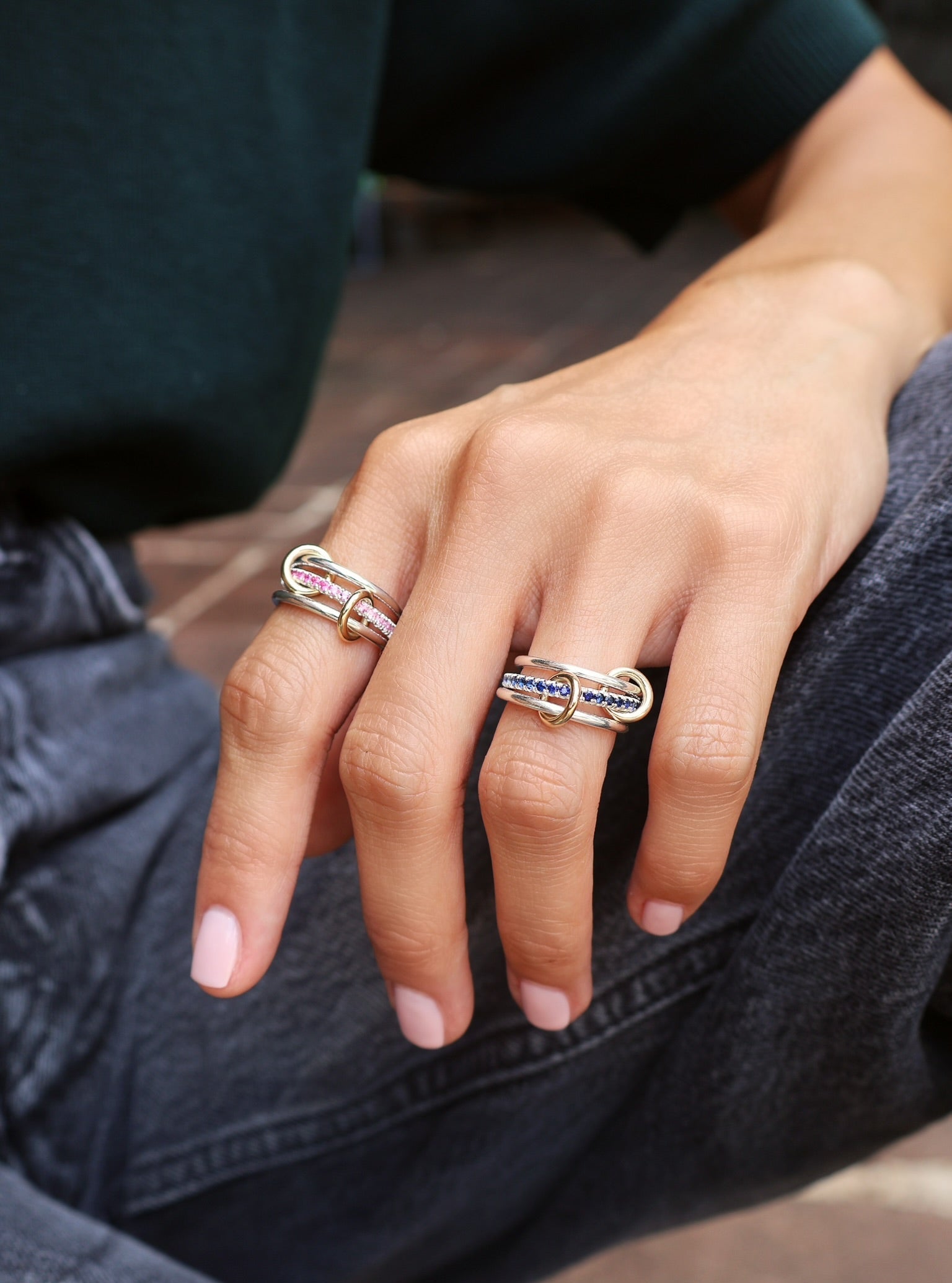 sterling silver and 18k yellow gold blue ombre sapphire band 3 linked connected tigris sg blue ombre ring by Spinelli Kilcollin Tiny Gods
