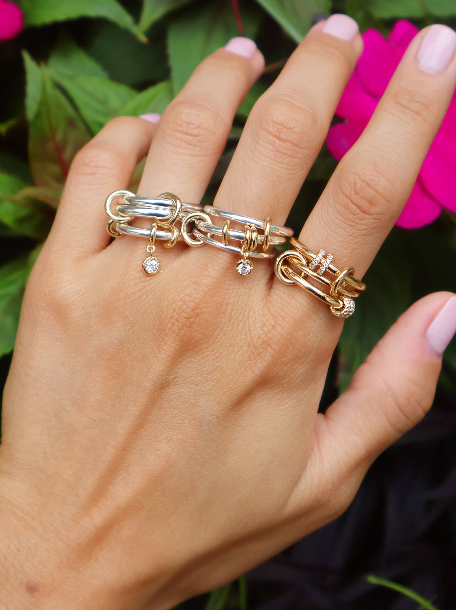 Sterling silver and yellow gold diamond 3 band Piera SG linked ring by Spinelli Kilcollin and Tiny Gods