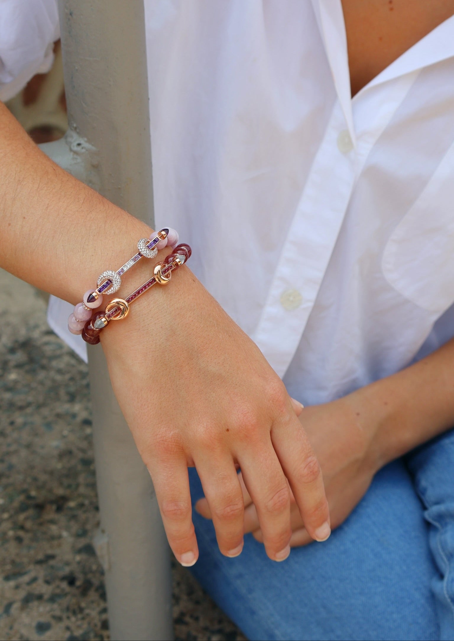 18K rose gold and Strawberry Beryl & Peach Tourmaline Beaded Chakra Bracelet stretch bead bangle at Tiny Gods by Ananya fine jewelry