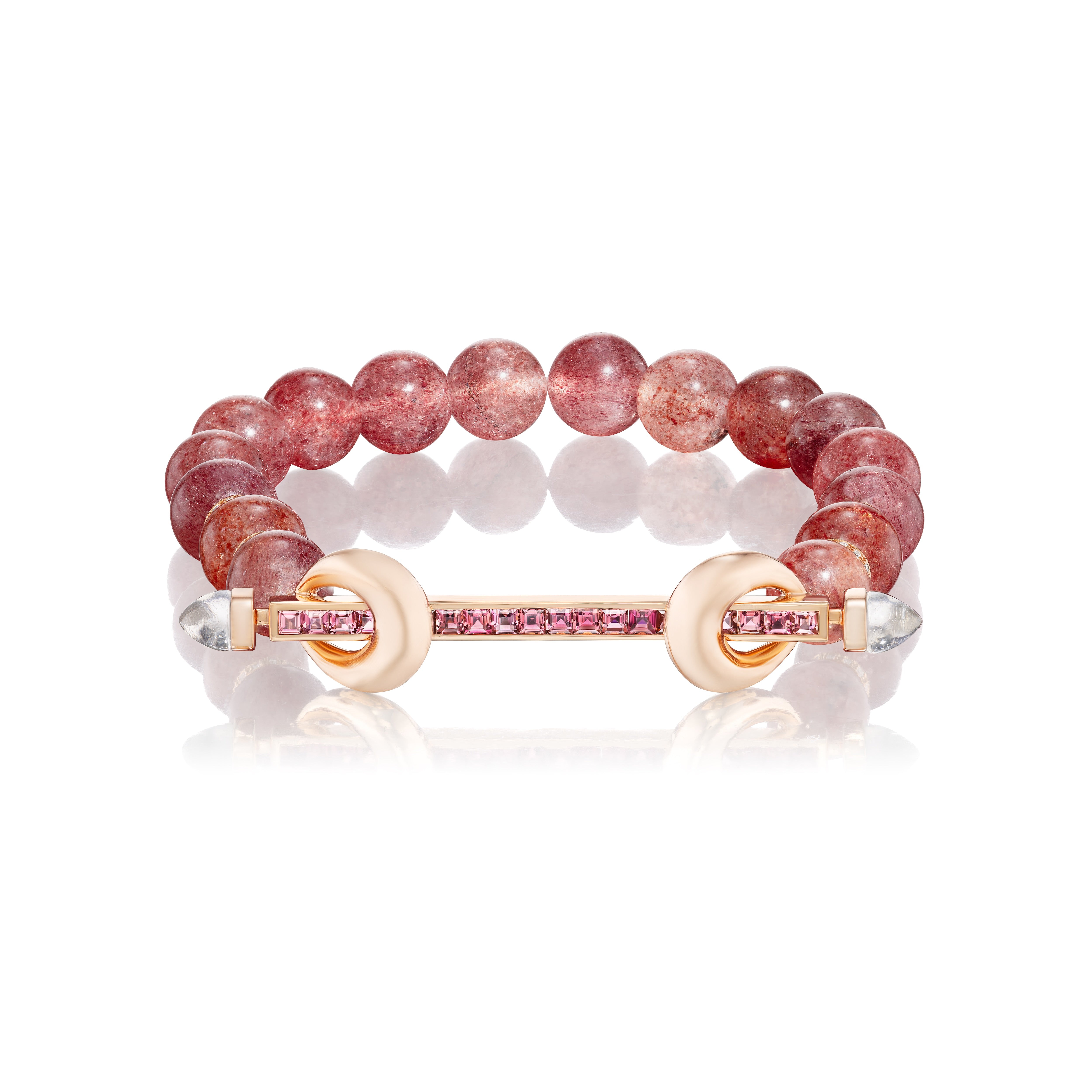 18K rose gold and Strawberry Beryl & Peach Tourmaline Beaded Chakra Bracelet stretch bead bangle at Tiny Gods by Ananya fine jewelry