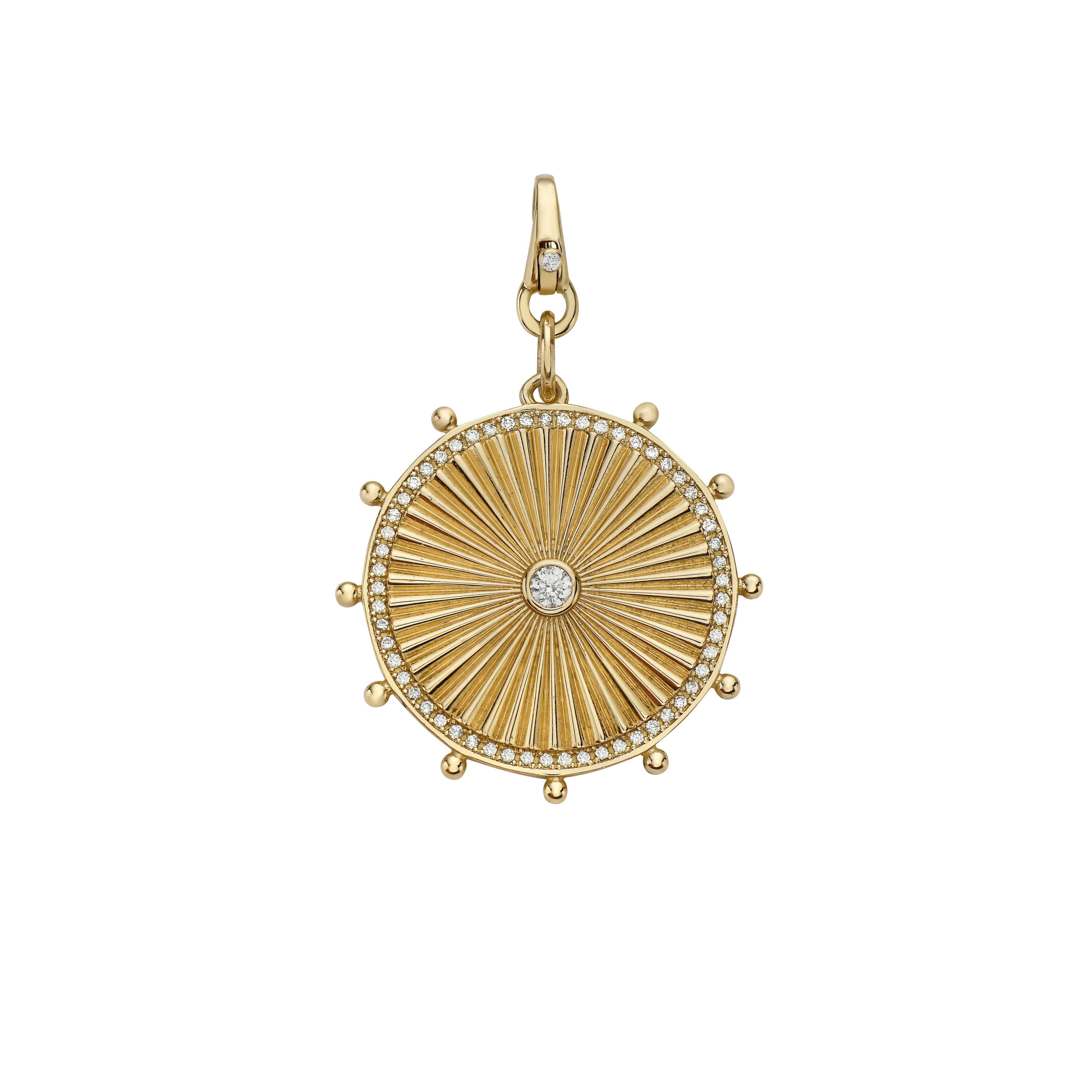 14k yellow gold cassandane small diamond sun medallion by Lionheart Tiny Gods round ribbed foundrae ray charm tiny gods