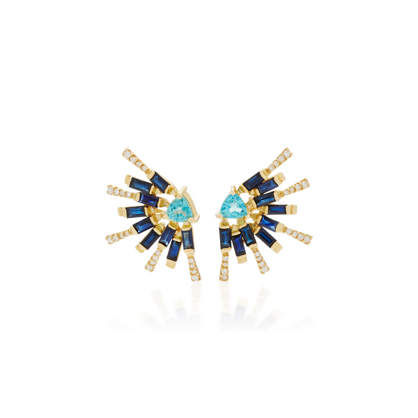 18k yellow gold blue sapphire, diamond and apatite mini sunshine earring by Carol Kauffman Tiny Gods