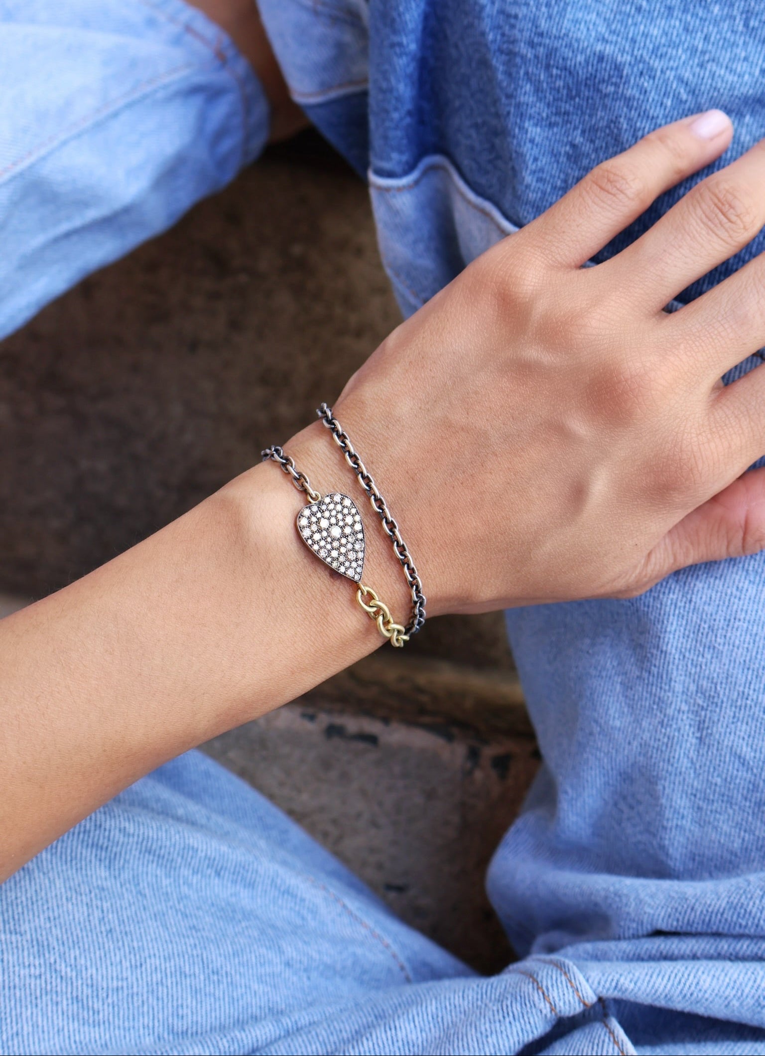 18k yellow gold and silver linked ten tables champagne heart double wrap bracelet and choker necklace by Sylva & Cie Tiny Gods