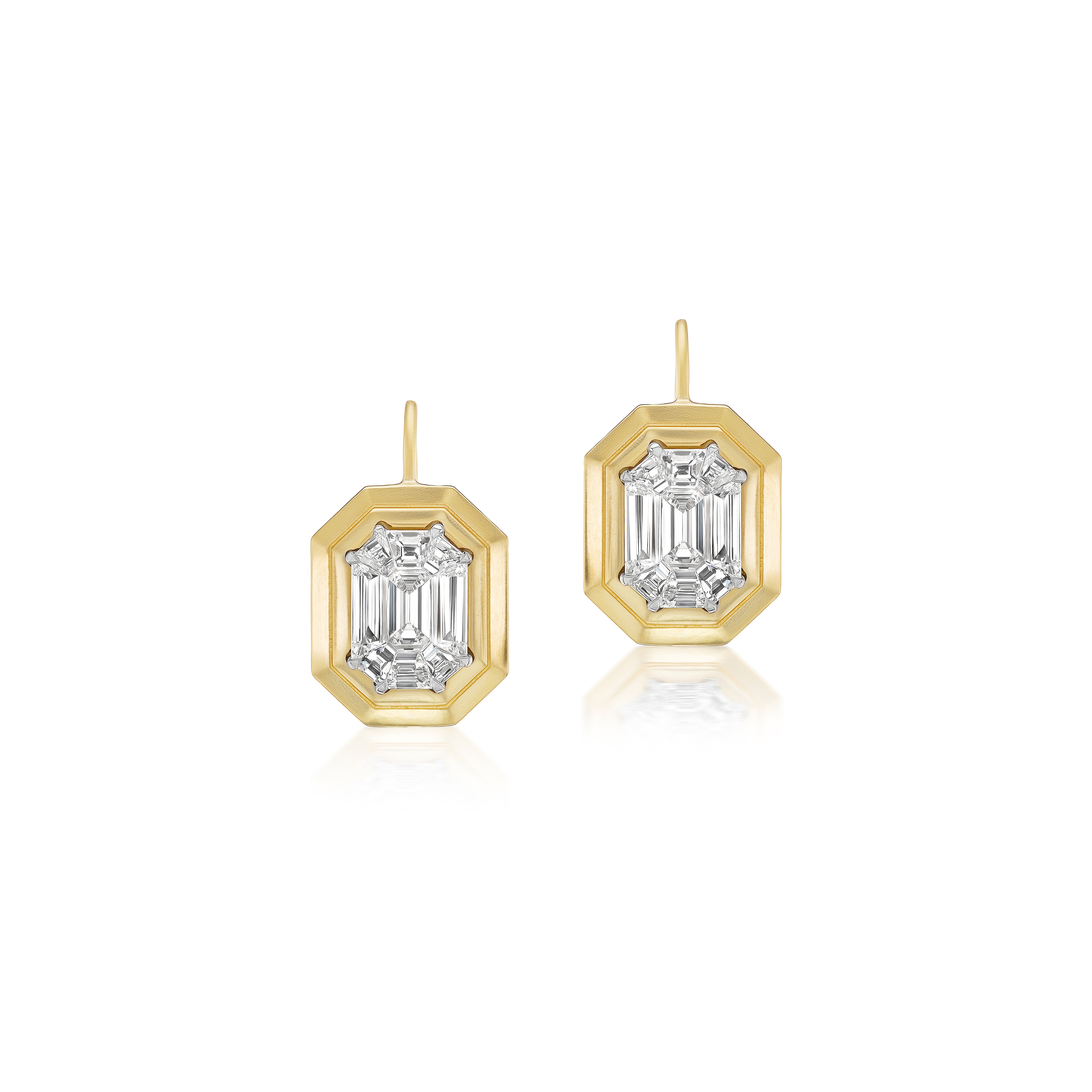 18k yellow gold illusion diamond emerald cut bezel frame french wire dangle hanging earrings by Sylva & Cie Tiny Gods