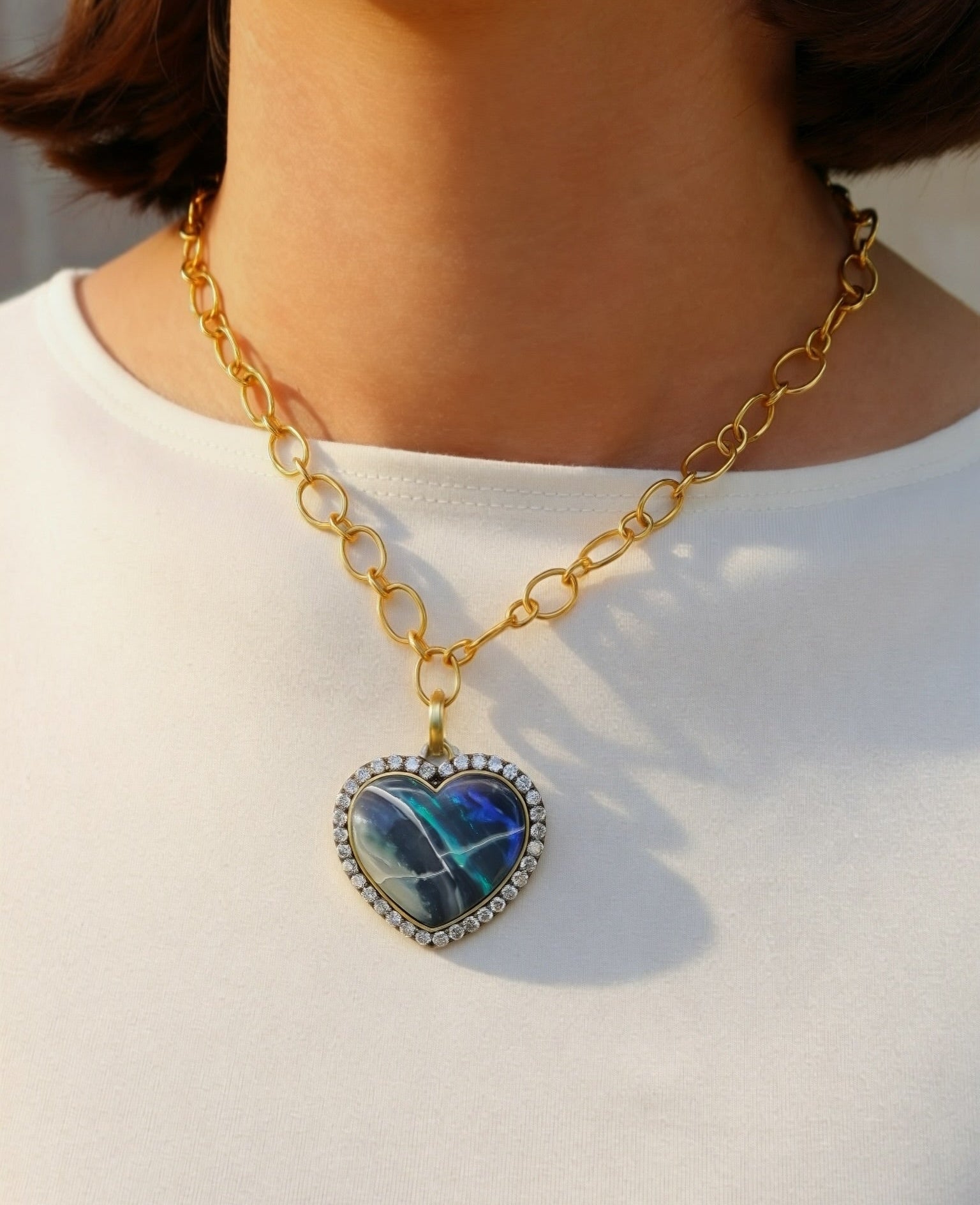 sylva cie opal diamond border yellow gold heart pendant charm tiny gods