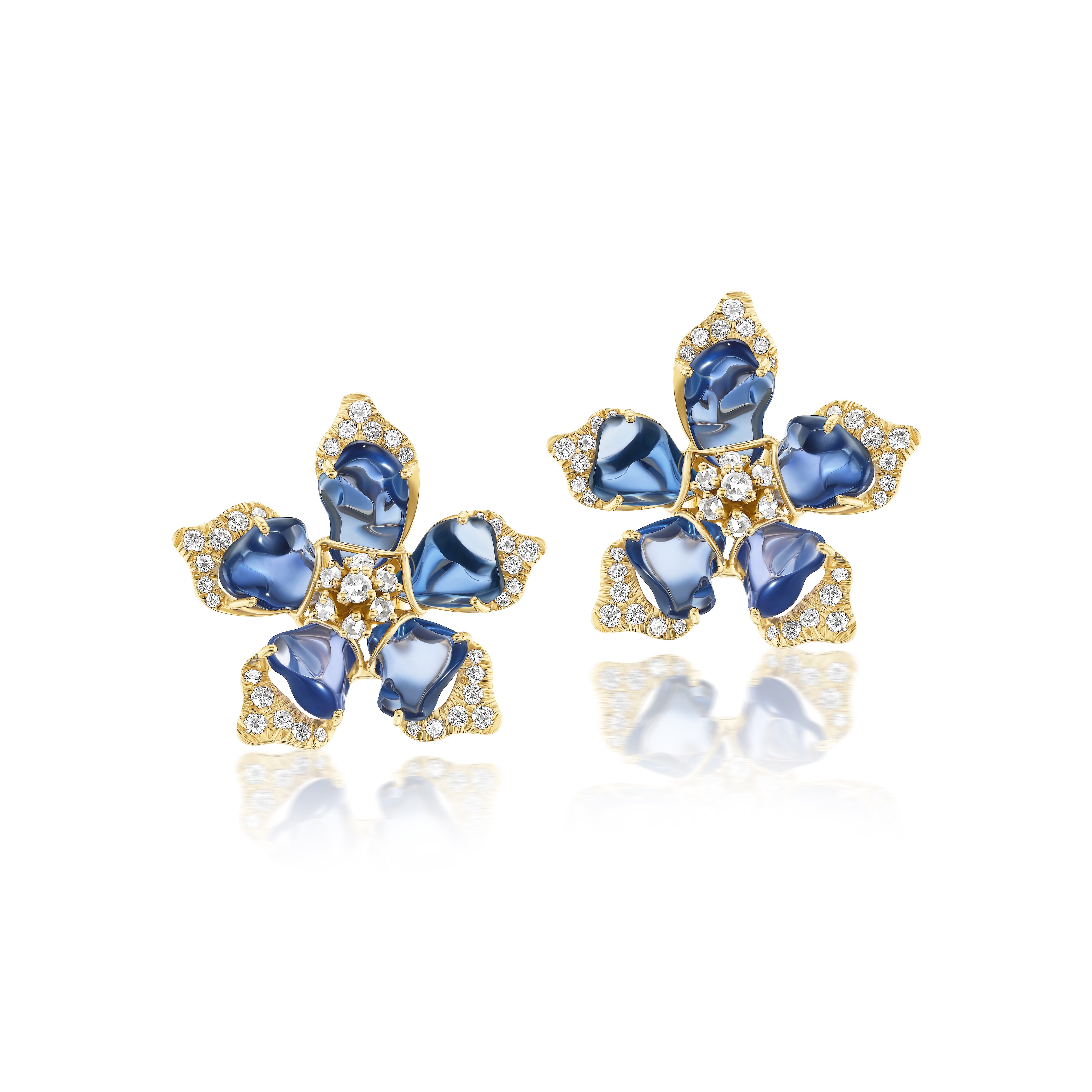 18k yellow gold diamond and freeform blue sapphire petal blossom lotus earrings flower statement by Tallin Tiny Gods