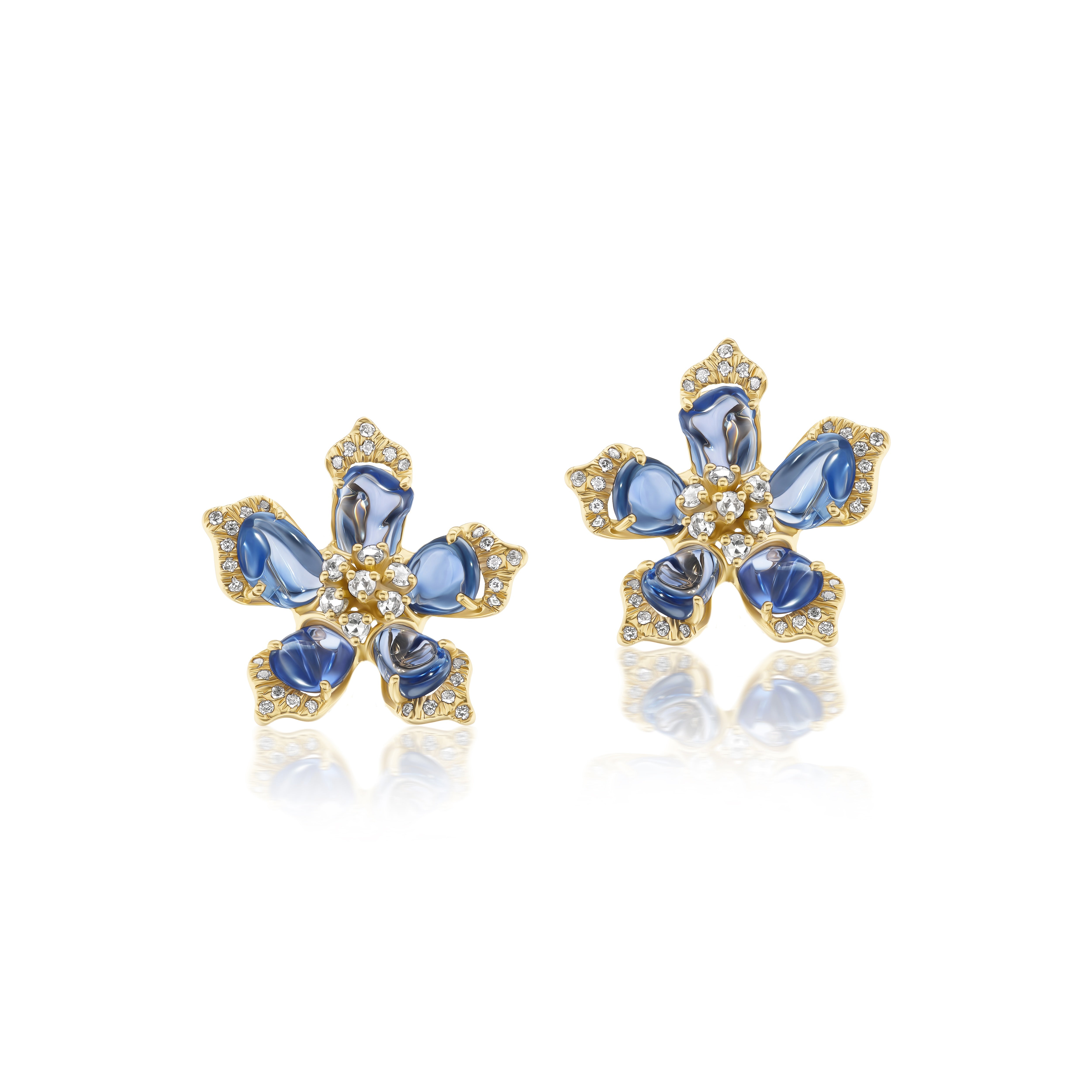 18k yellow gold blue sapphire freeform petal flower lotus statement diamond earrings by tallin Tiny Gods