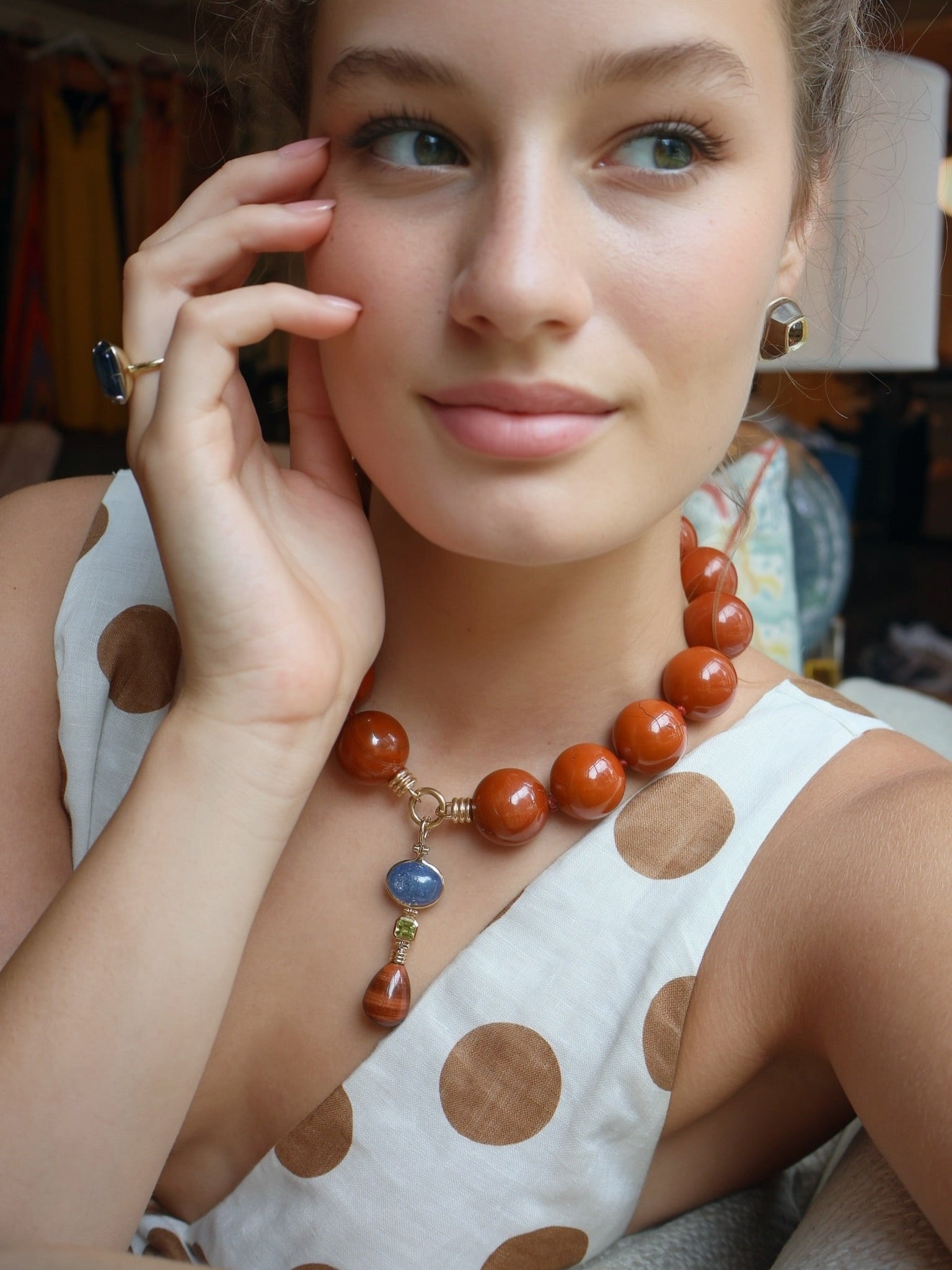 Tanzanite red tiger's eye and peridot charm pendant drop by Beck Tiny Gods