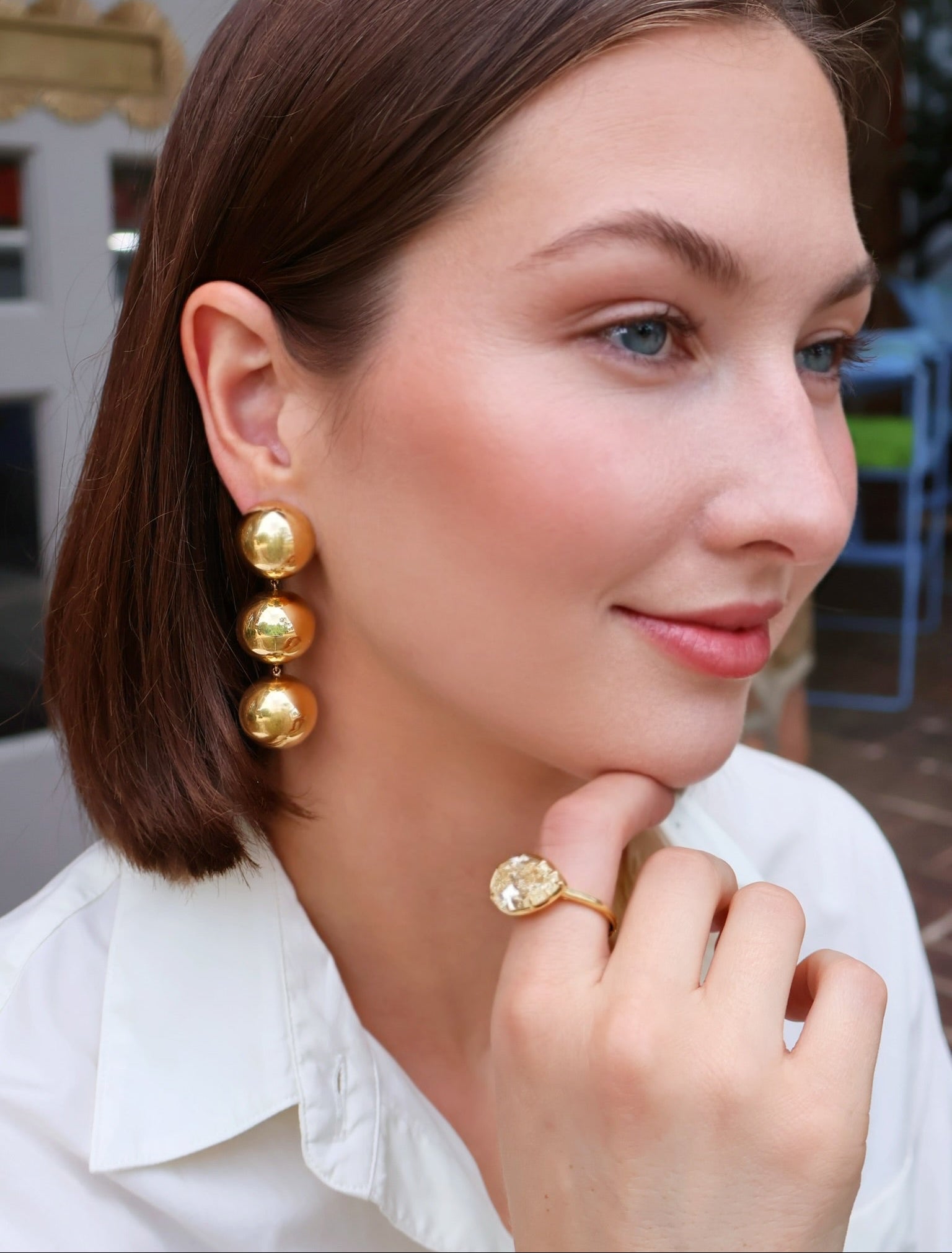 18k yellow gold vintage circa 1980's rare sphere triple ball dangle drop earrings Tiny Gods