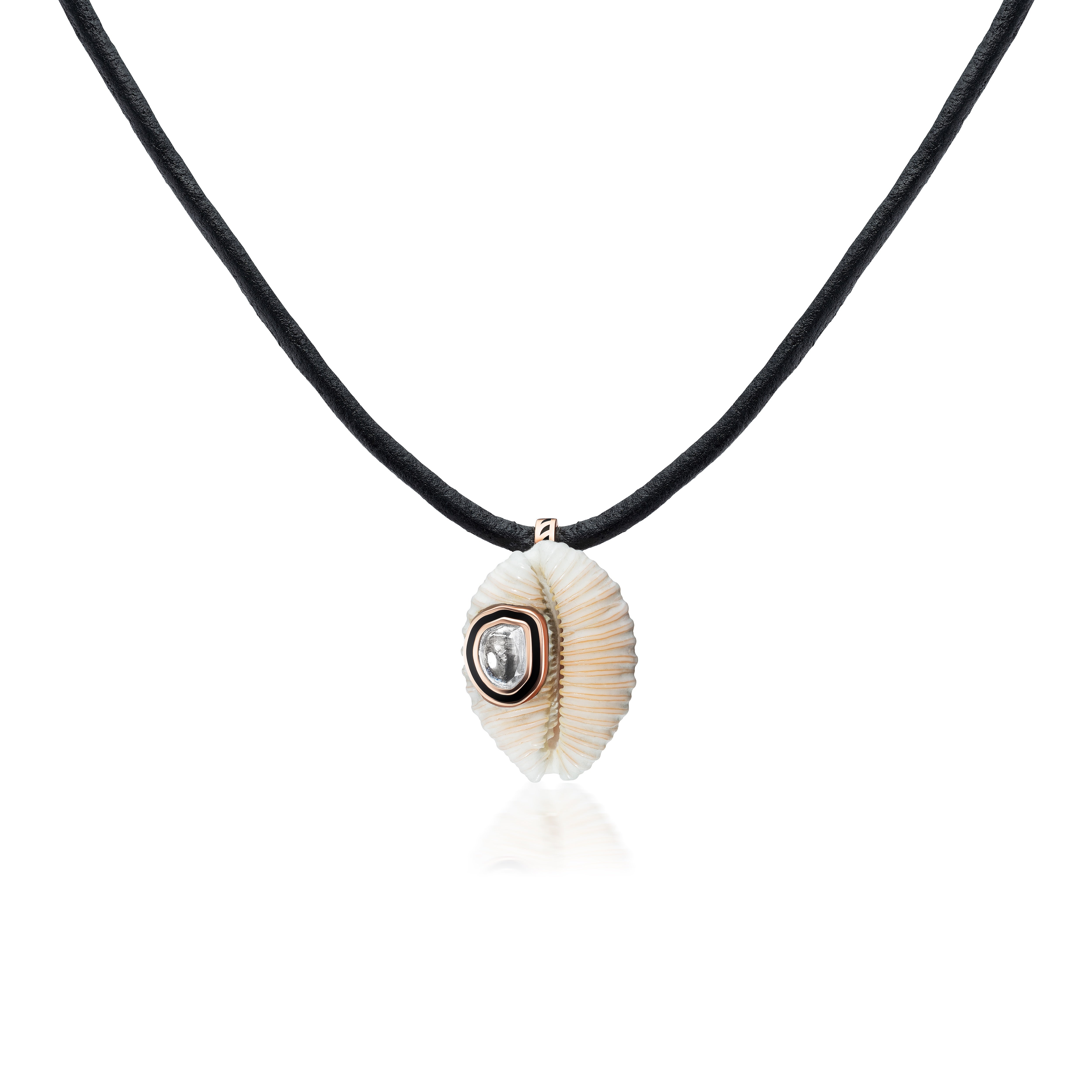 18k rose gold diamond cowry shell white pendant on leather cord by Dezso Tiny Gods