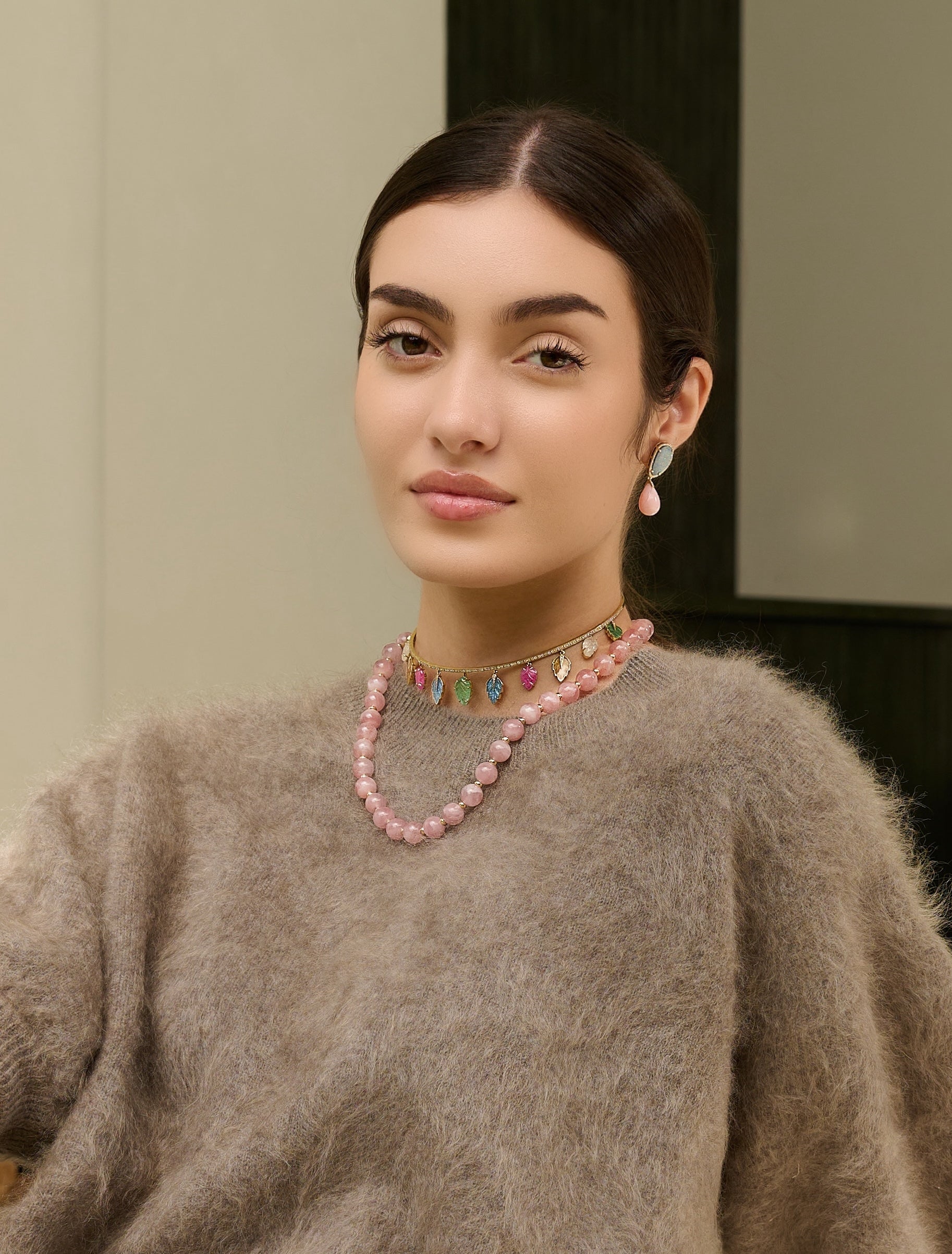 18k yellow gold pink rose quartz beads beaded necklace goshwara tiny gods on model