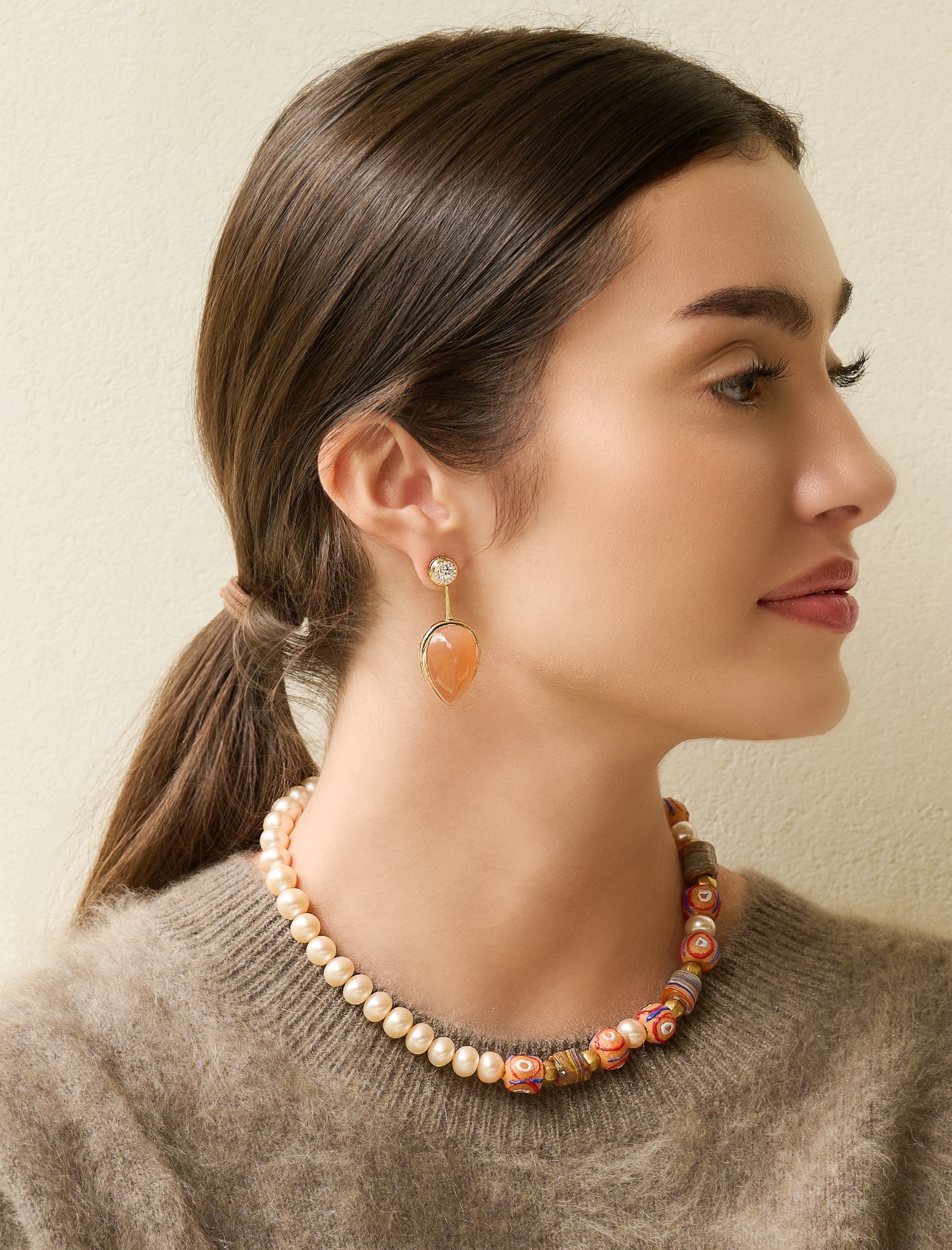 yellow gold diamond pear peach moon quartz diamonds drop earrings goshwara tiny gods on model