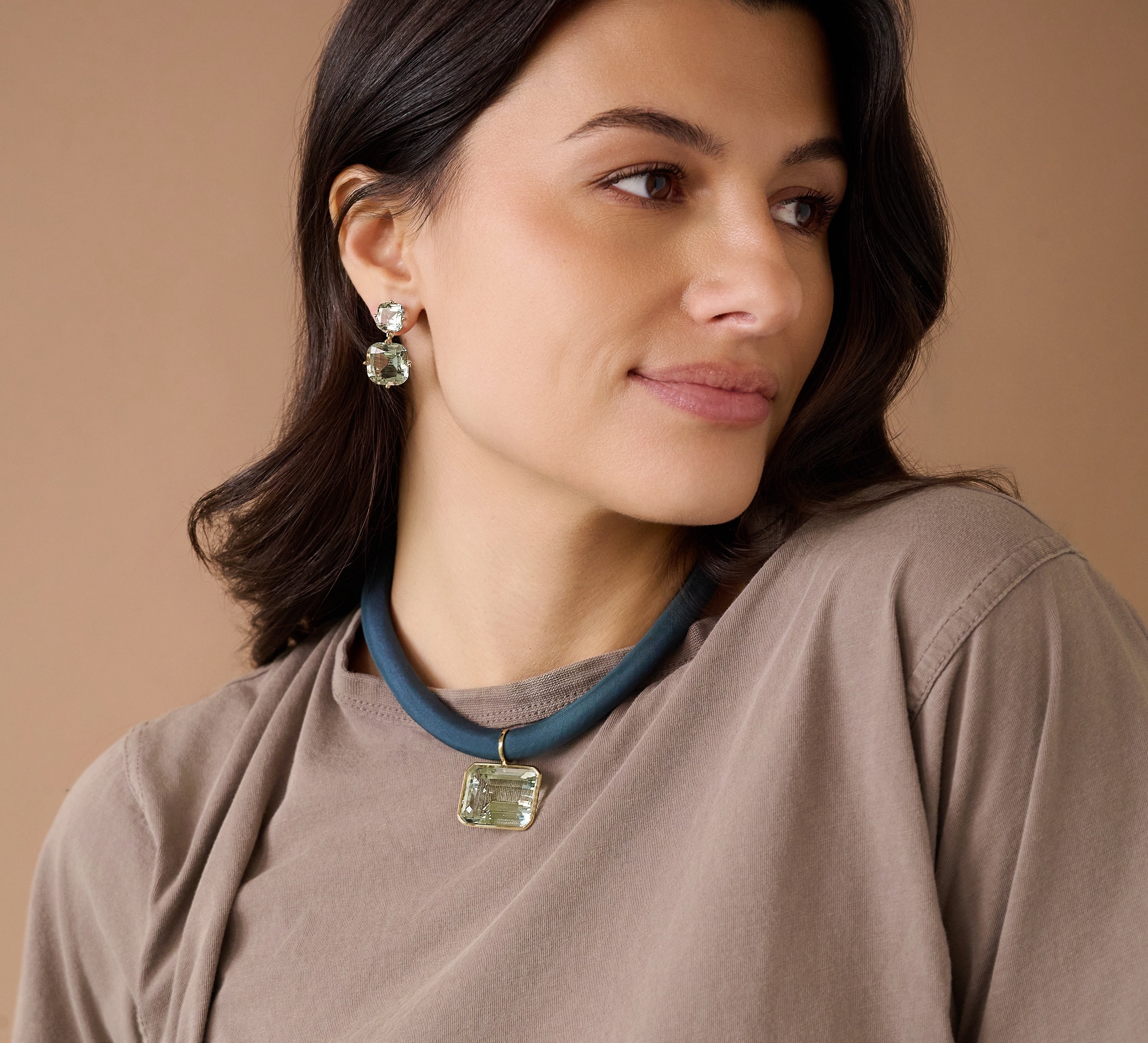 18k yellow gold prong set prasiolite cushion tiered earrings two stones by Goshwara Tiny Gods on model