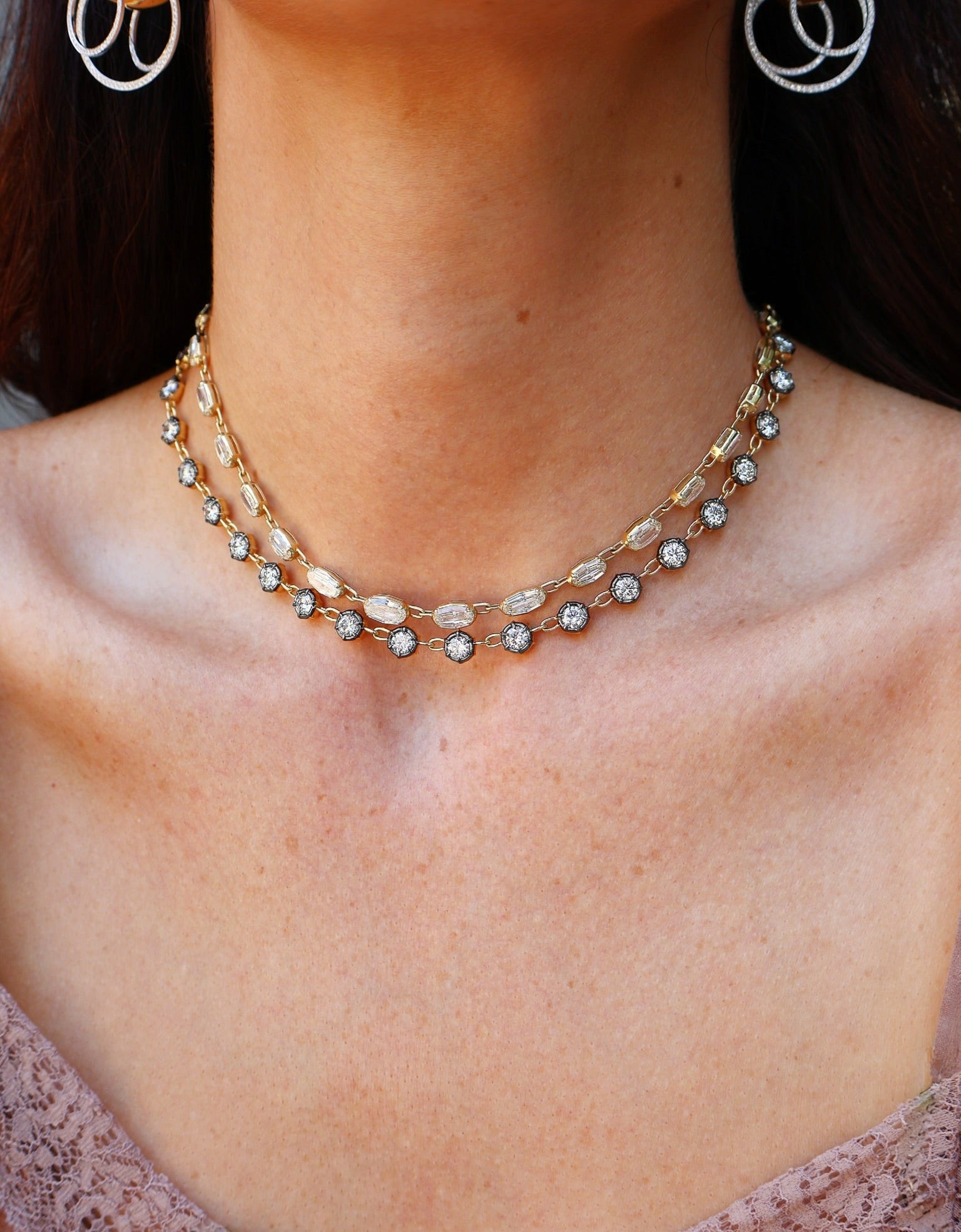 18k yellow gold round diamond eternity Georgian style regency necklace by Tiny Gods black rhodium antique