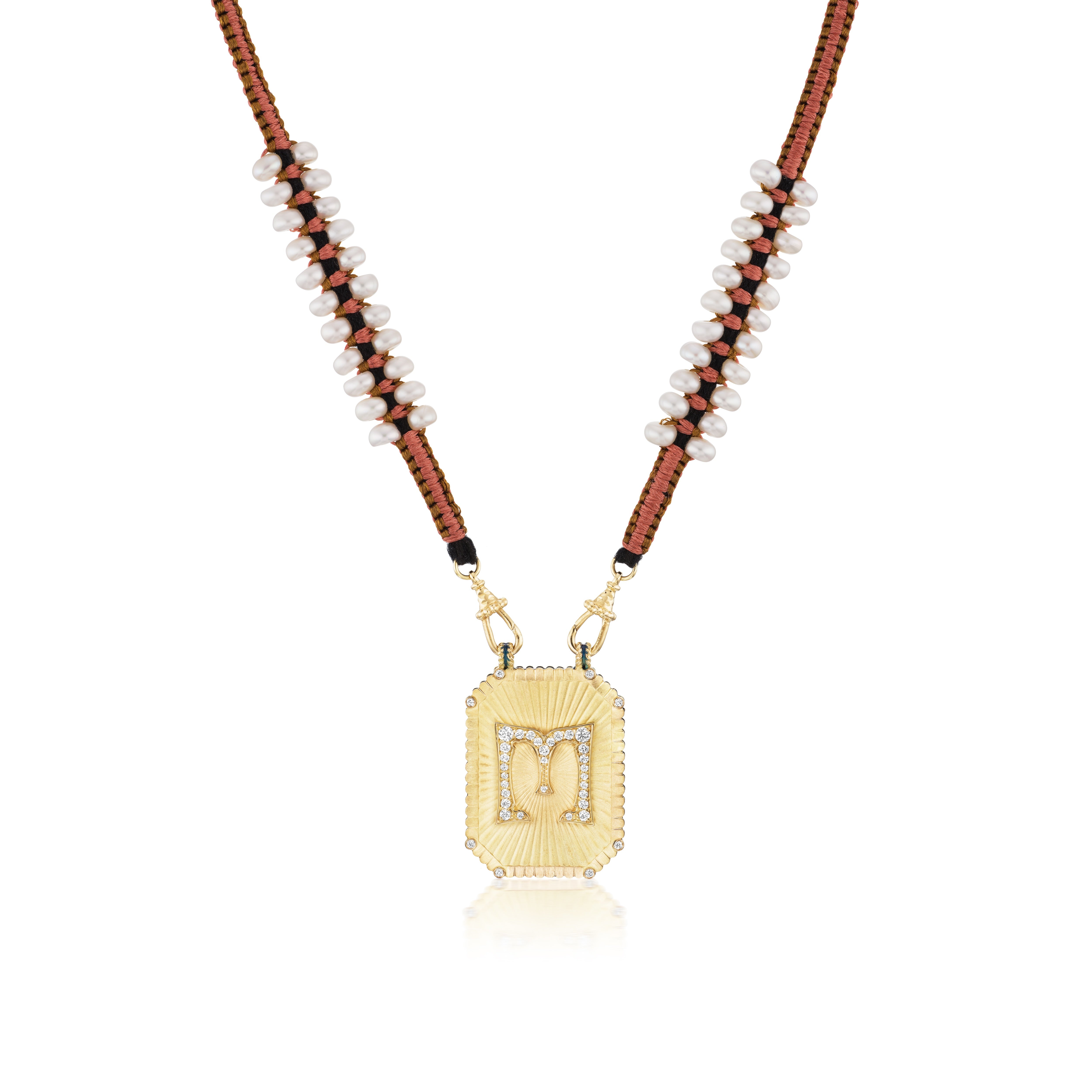 Big Letter "M" initial scapular pendant by Marie Lichtenberg diamonds yellow gold with blue enamel at Tiny Gods with pink cord