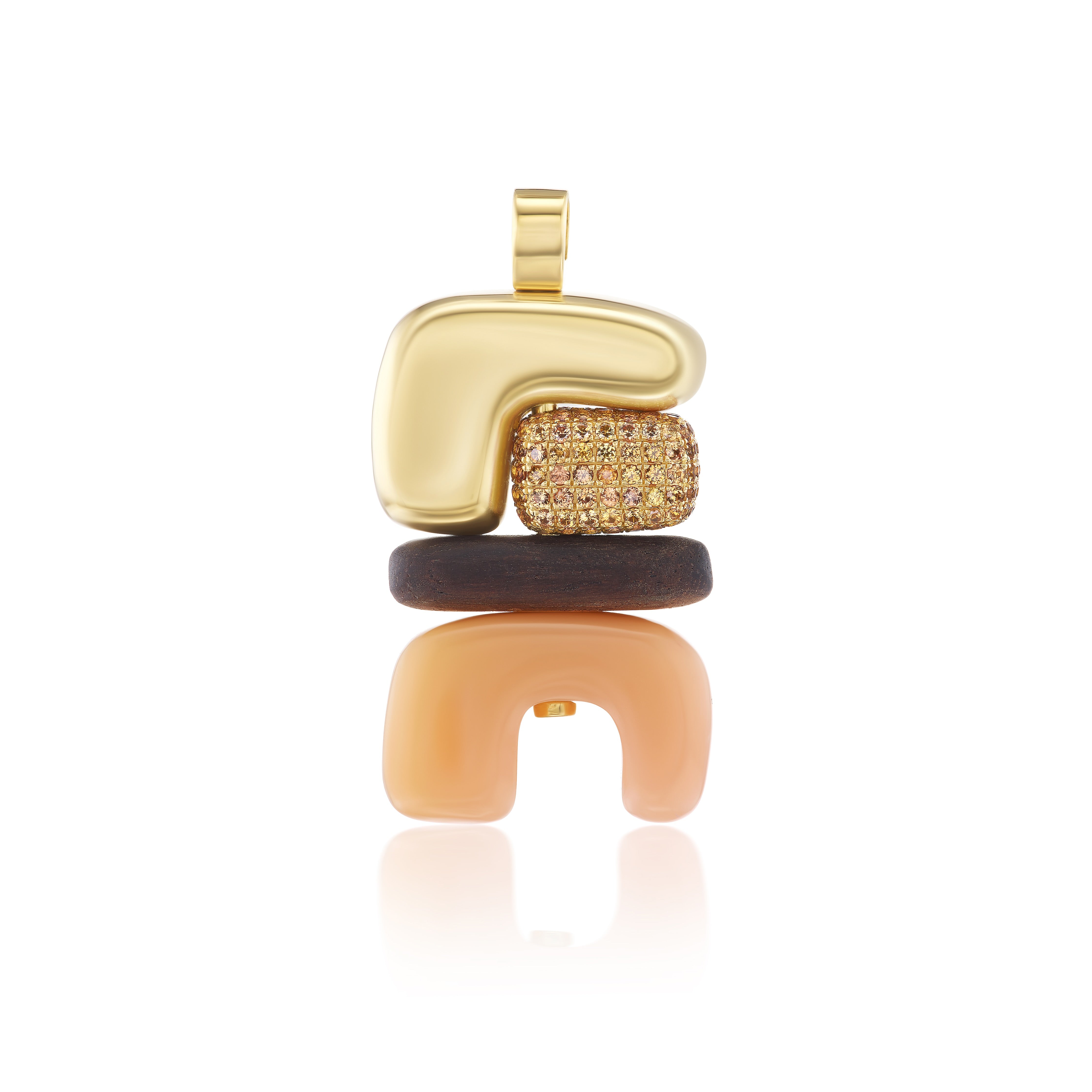 Tiny gods pink opal pendant wood 18k yellow gold brown diamonds Joelle Kharrat pendant