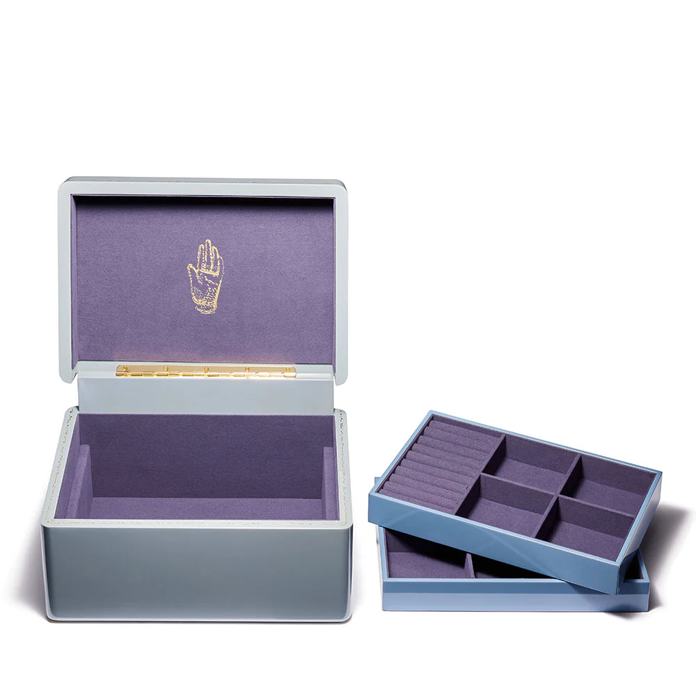 Evening blue large trunk jewelry box suede interior. two trays, separator by Trove Tiny Gods