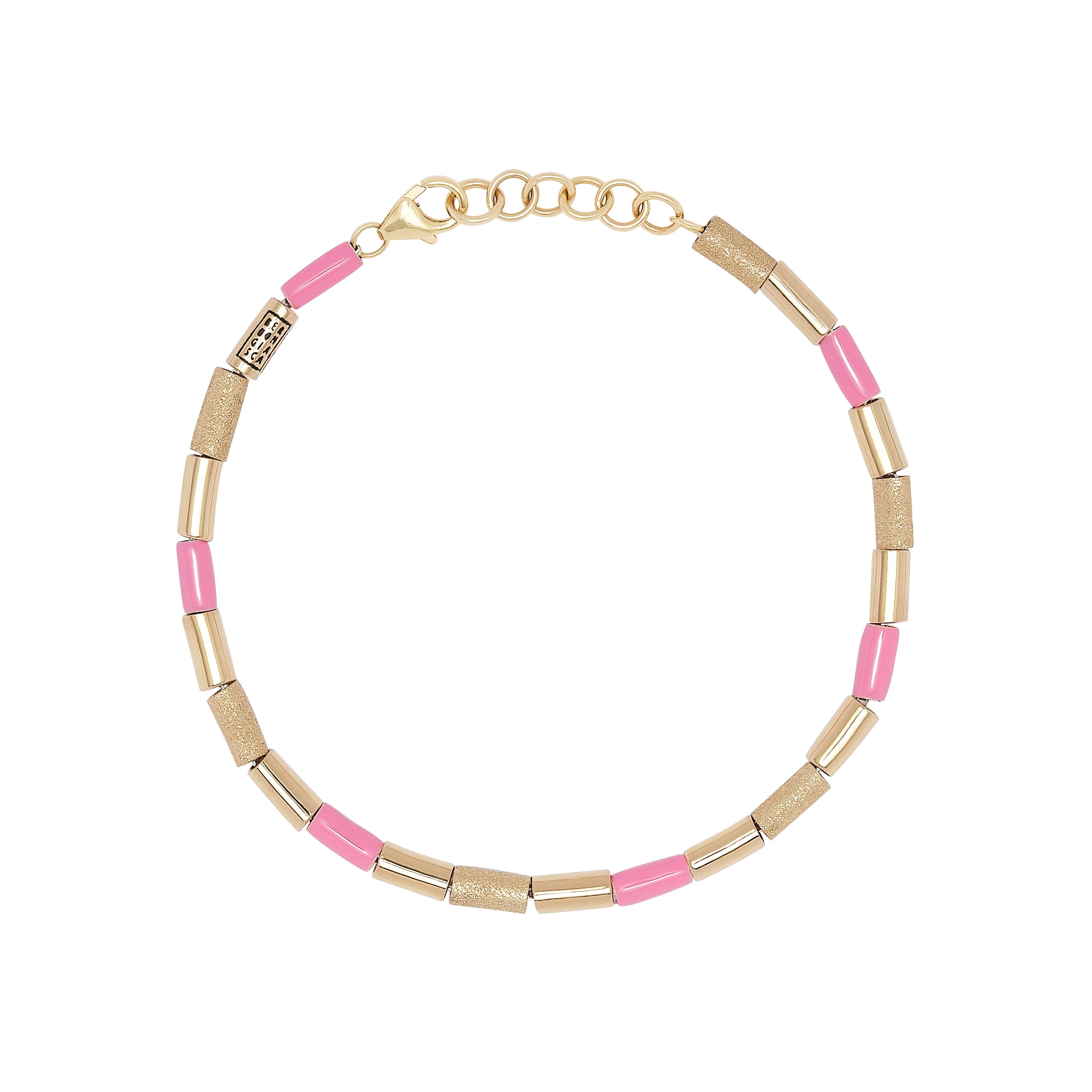 9k yellow gold and silver bubblegum pink enamel tubini bracelet by Bea Bongiasca Tiny Gods sale