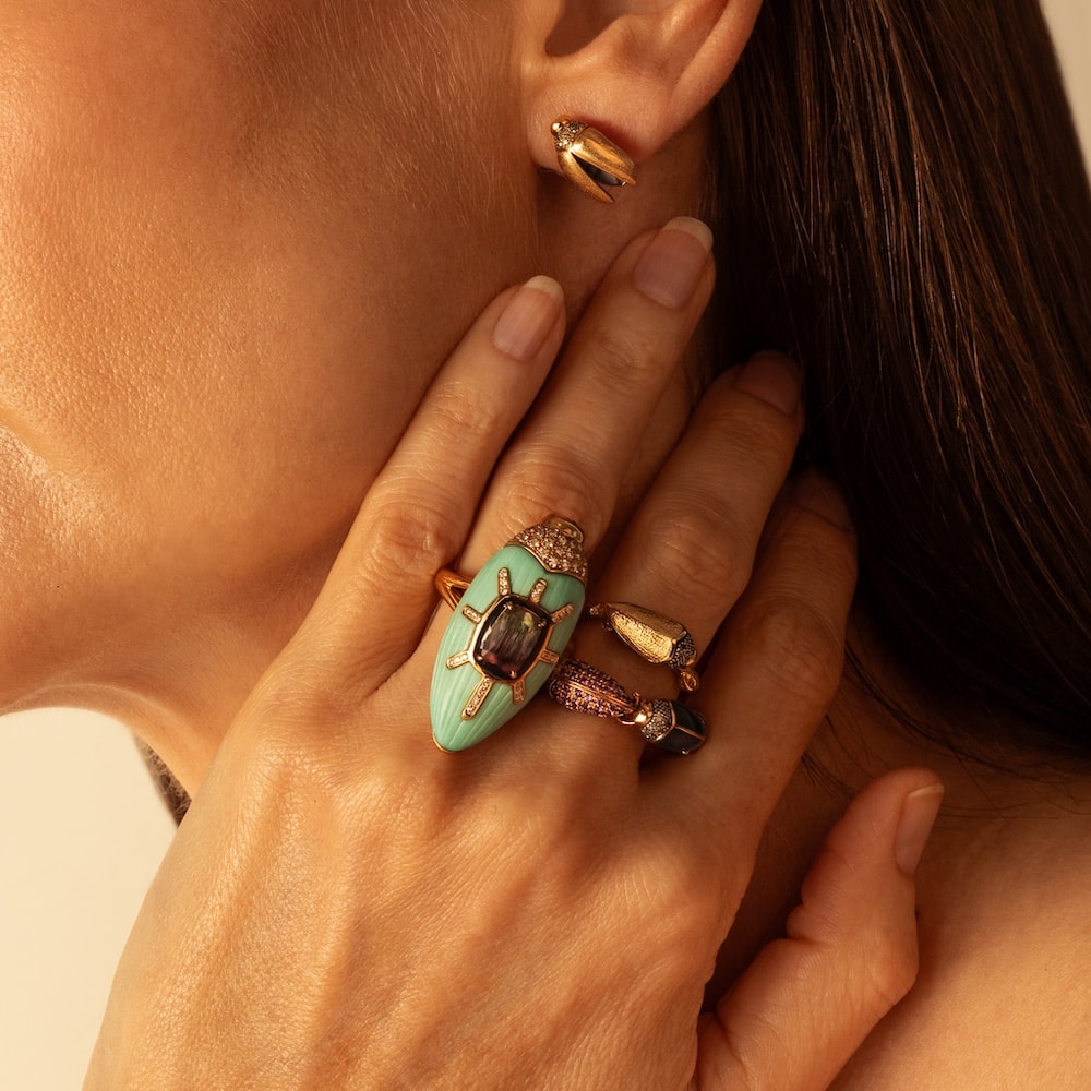 18k yellow gold diamond carved turquoise scarab ring with watermelon tourmaline bi colored pink green statement ring by Bibi van der Velden Tiny Gods