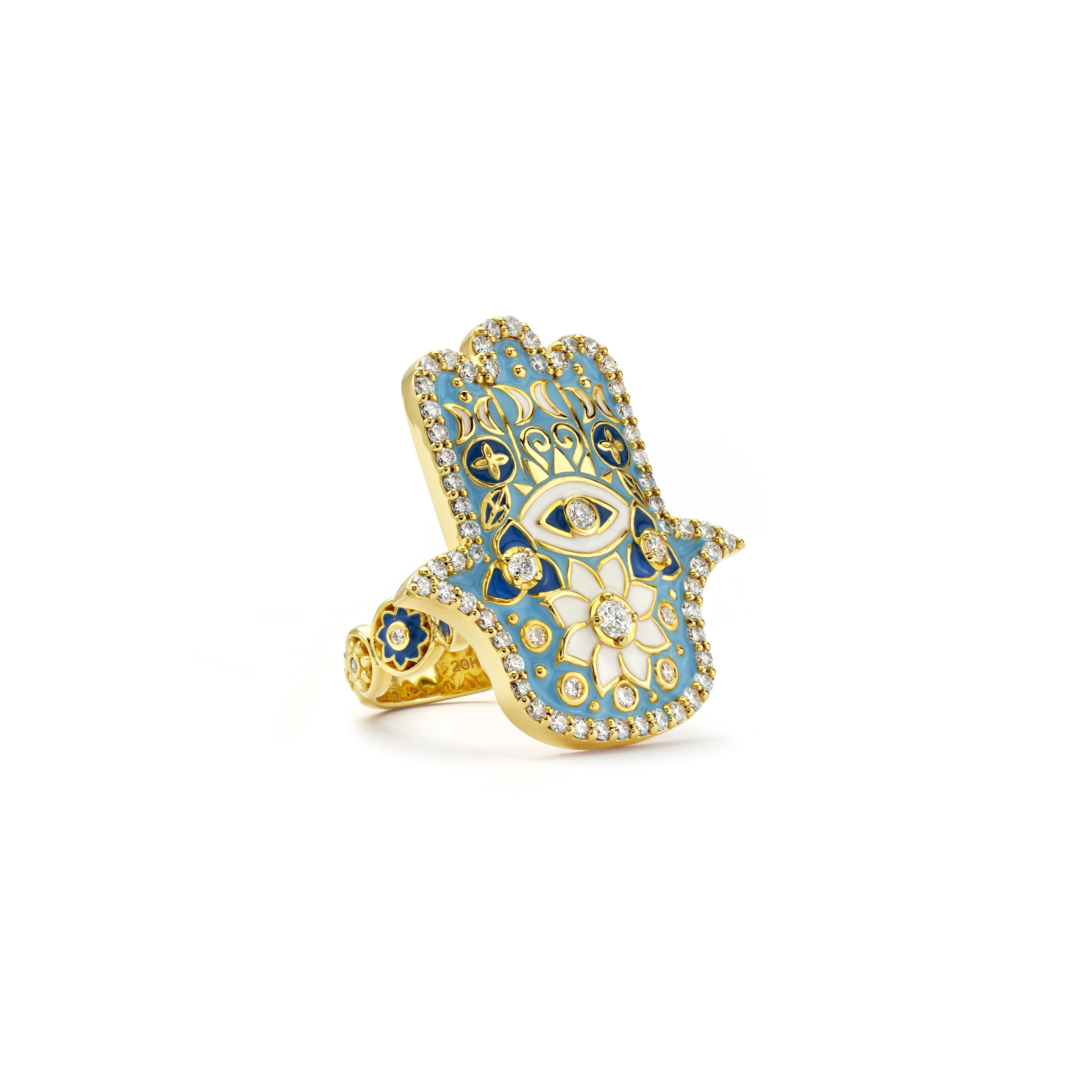 20k yellow gold sky blue, navy blue and white enamel hamsa ring with diamonds by Buddha Mama Tiny Gods