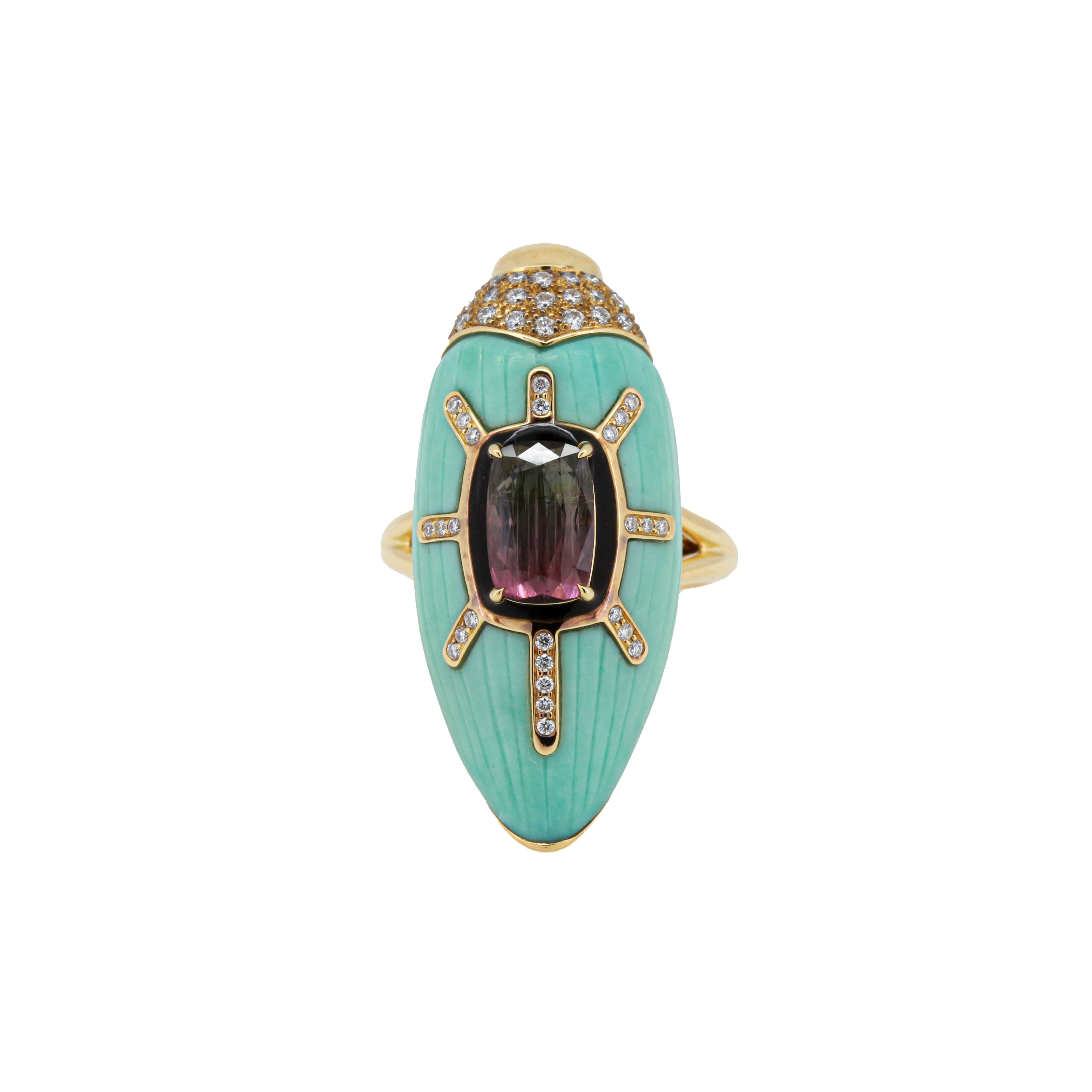 18k yellow gold diamond carved turquoise scarab ring with watermelon tourmaline bi colored pink green statement ring by Bibi van der Velden Tiny Gods