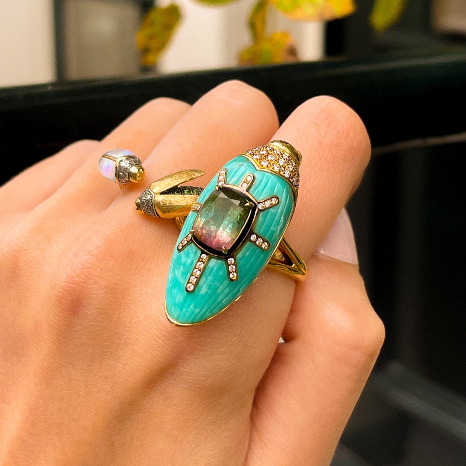 18k yellow gold diamond carved turquoise scarab ring with watermelon tourmaline bi colored pink green statement ring by Bibi van der Velden Tiny Gods