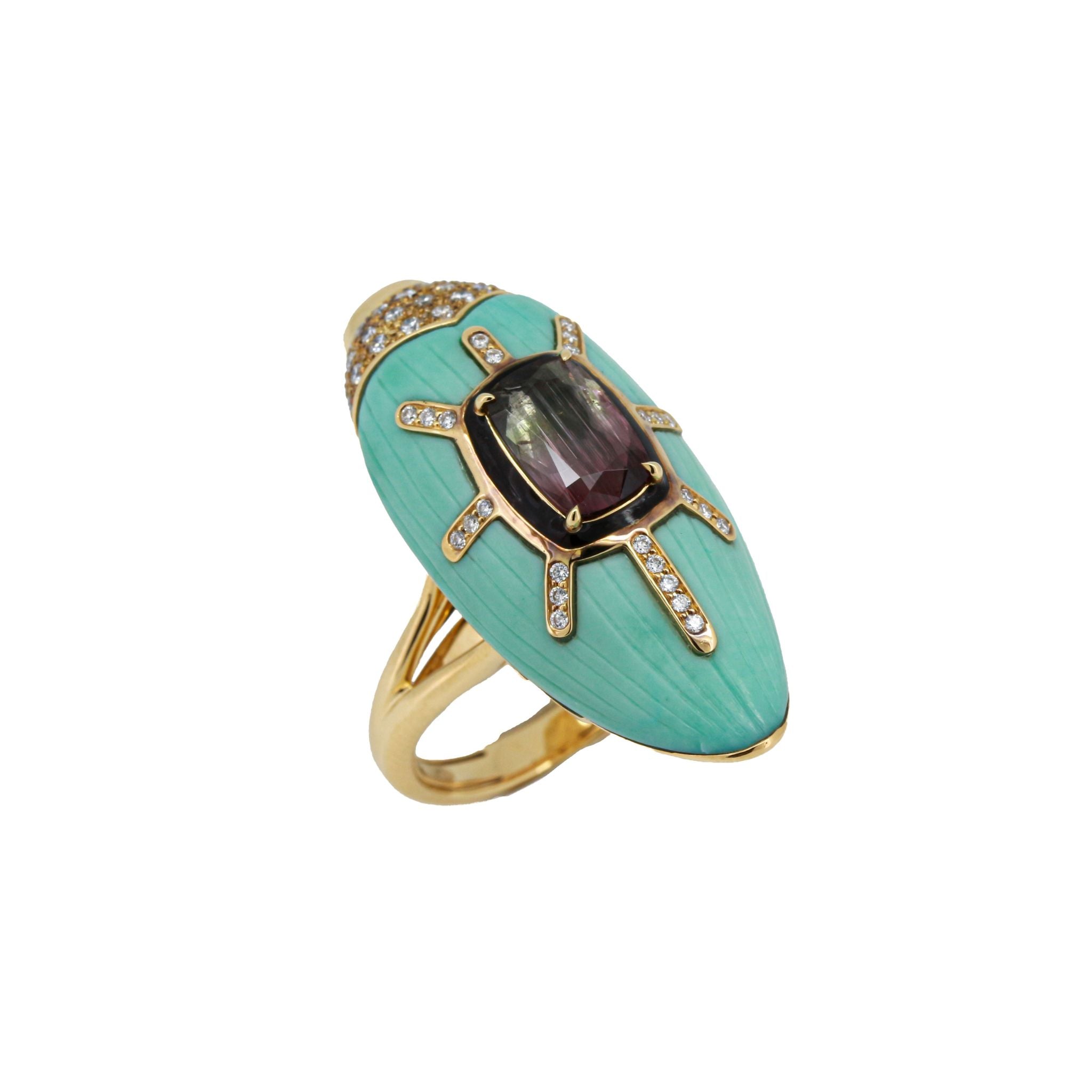 18k yellow gold diamond carved turquoise scarab ring with watermelon tourmaline bi colored pink green statement ring by Bibi van der Velden Tiny Gods