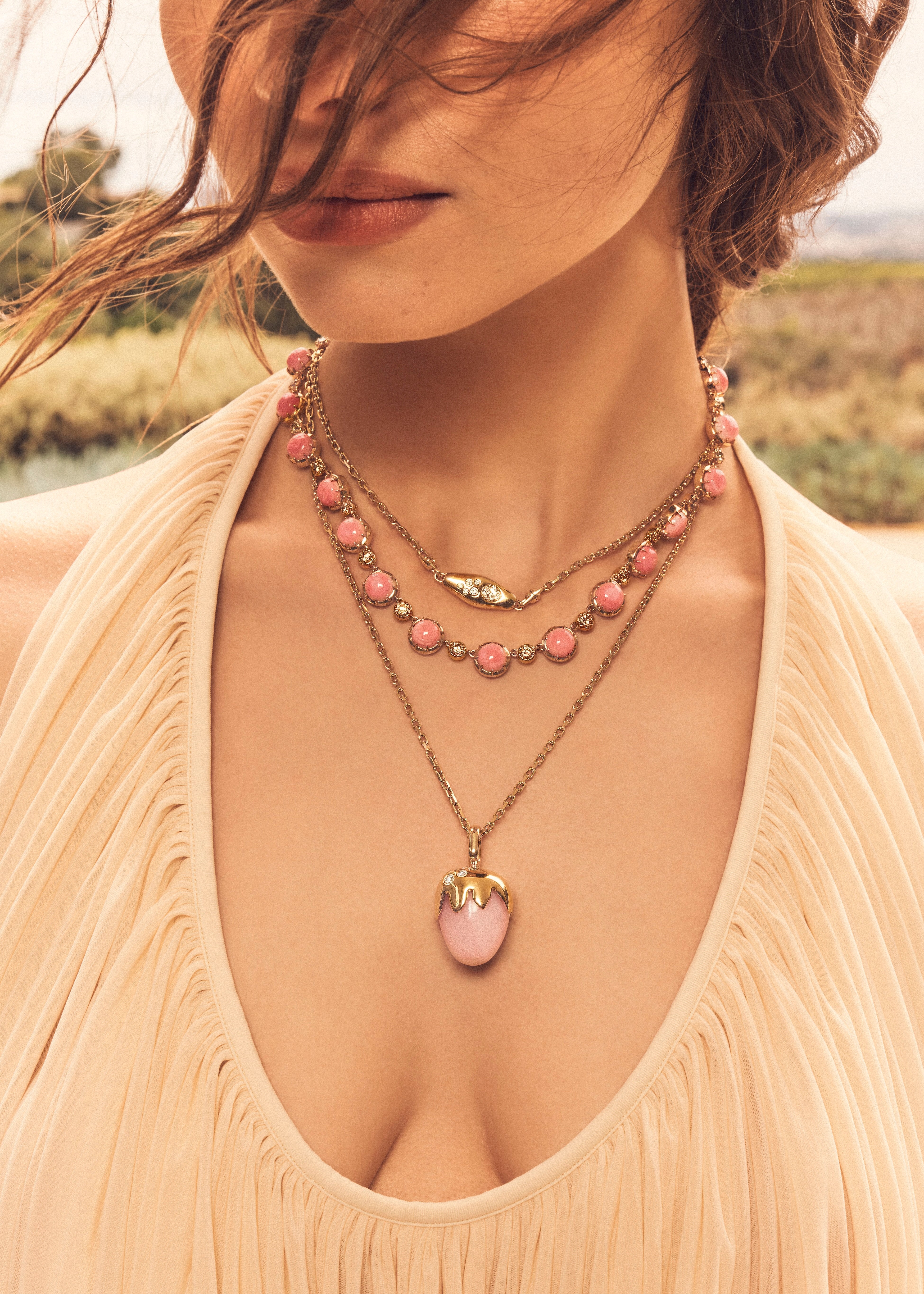 18k yellow gold pink opal strawberry pendant with burnished white diamonds charm on chain link necklace by Uniform Object Tiny Gods